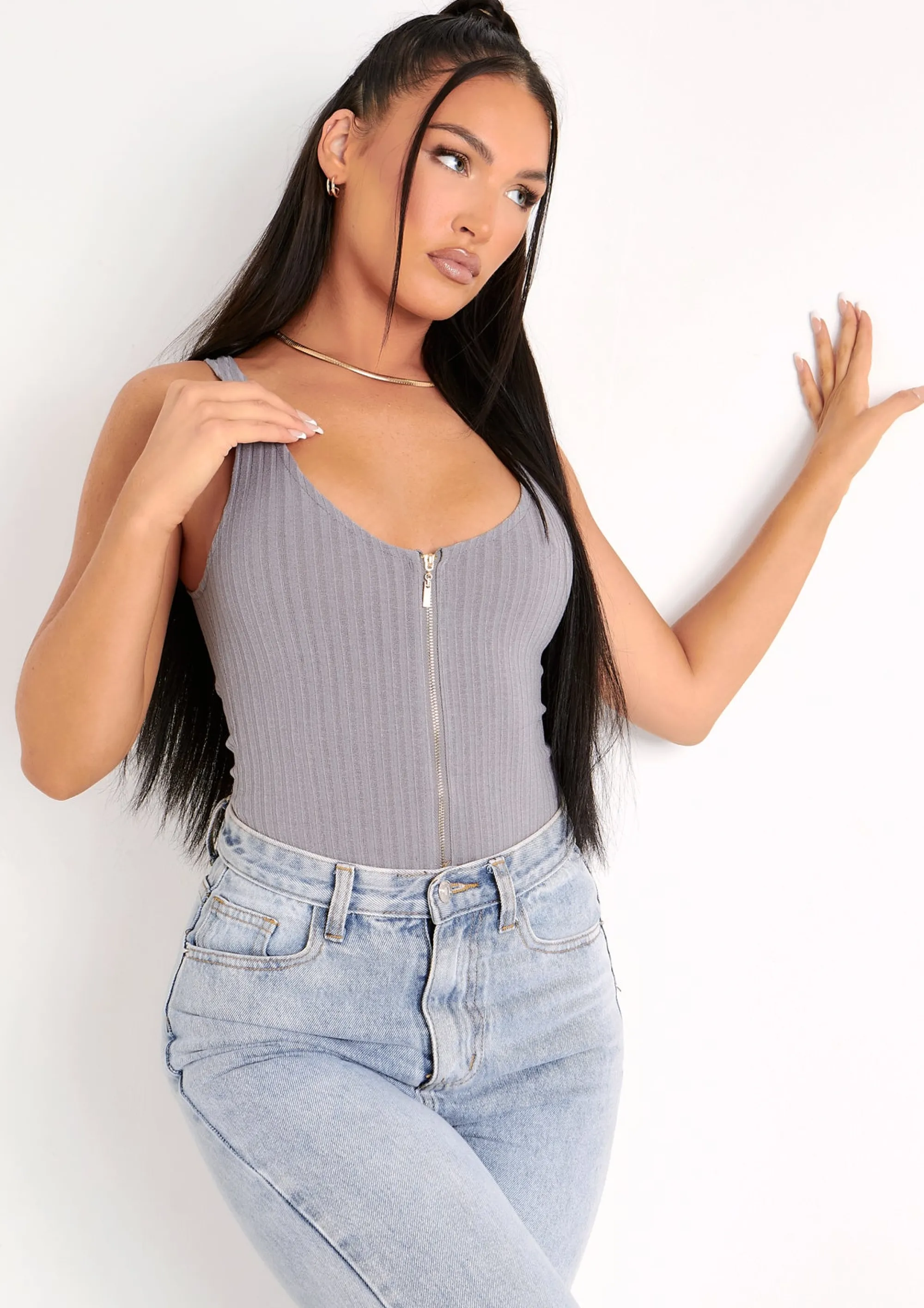 Missy Empire Psalm Grey Plunge Zip Ribbed Bodysuit Best Sale