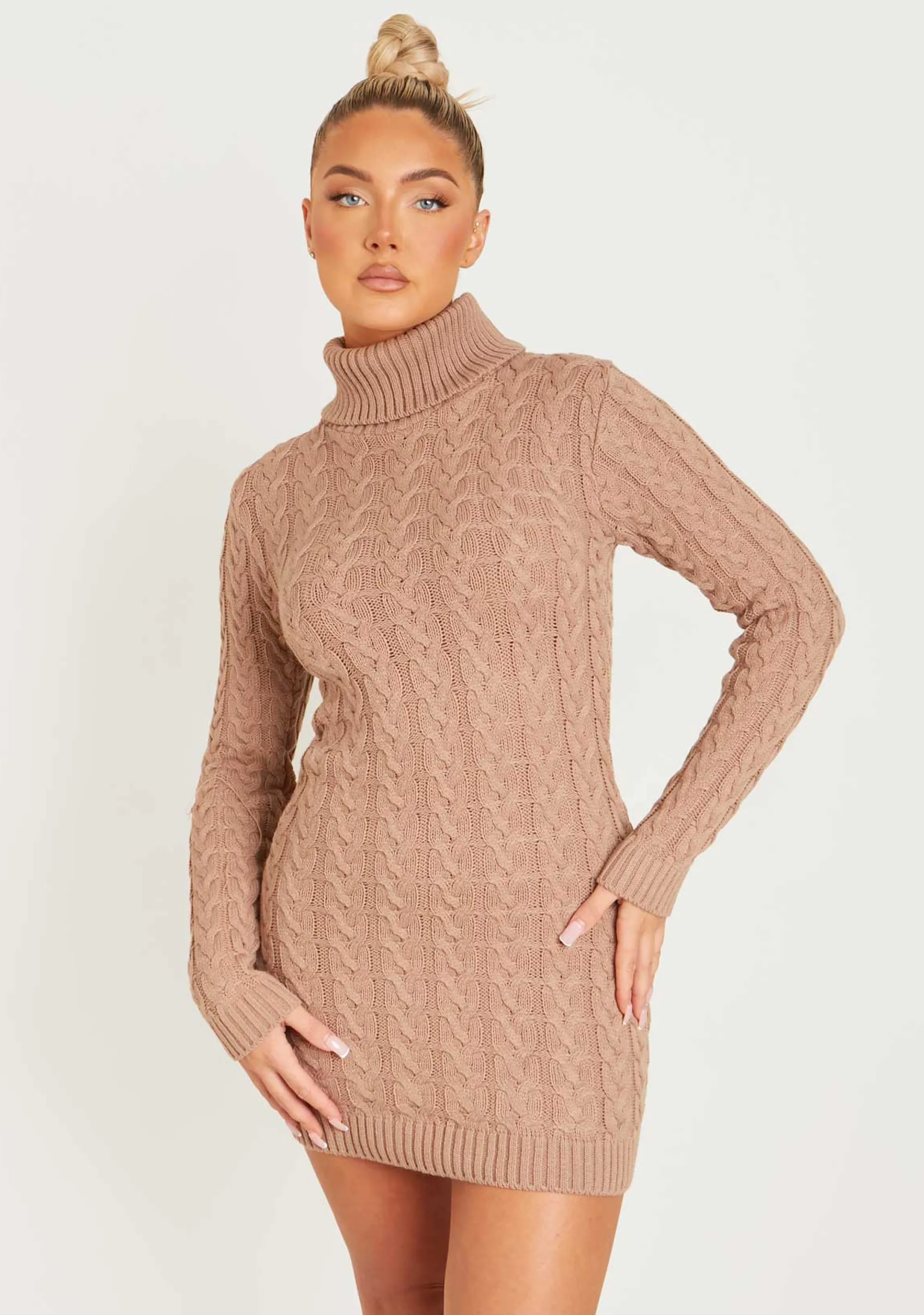 Missy Empire Raquel Mocha Cable Knit Jumper Dress^Women Dresses