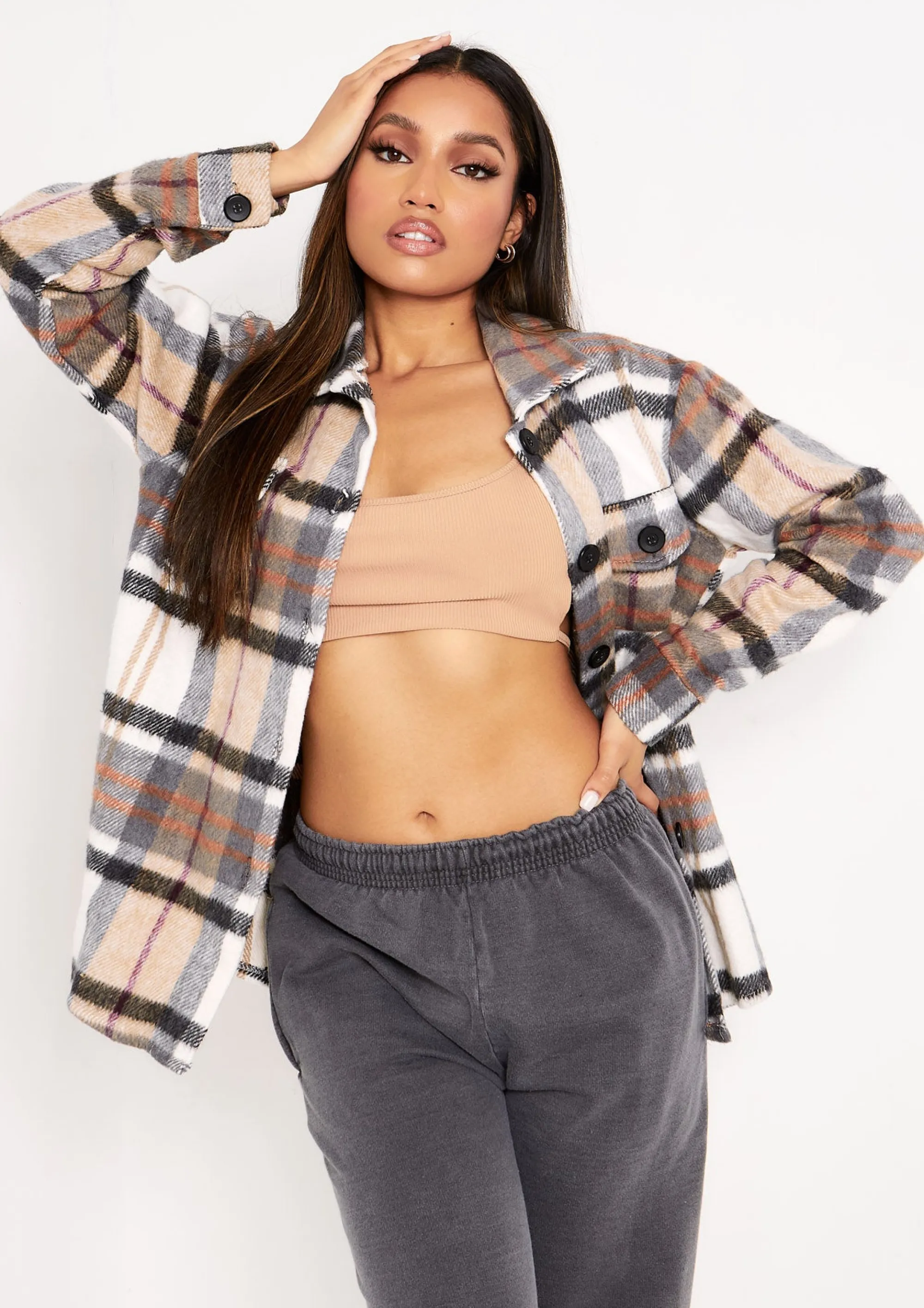 Missy Empire Rita Beige Oversized Checked Shacket Shop