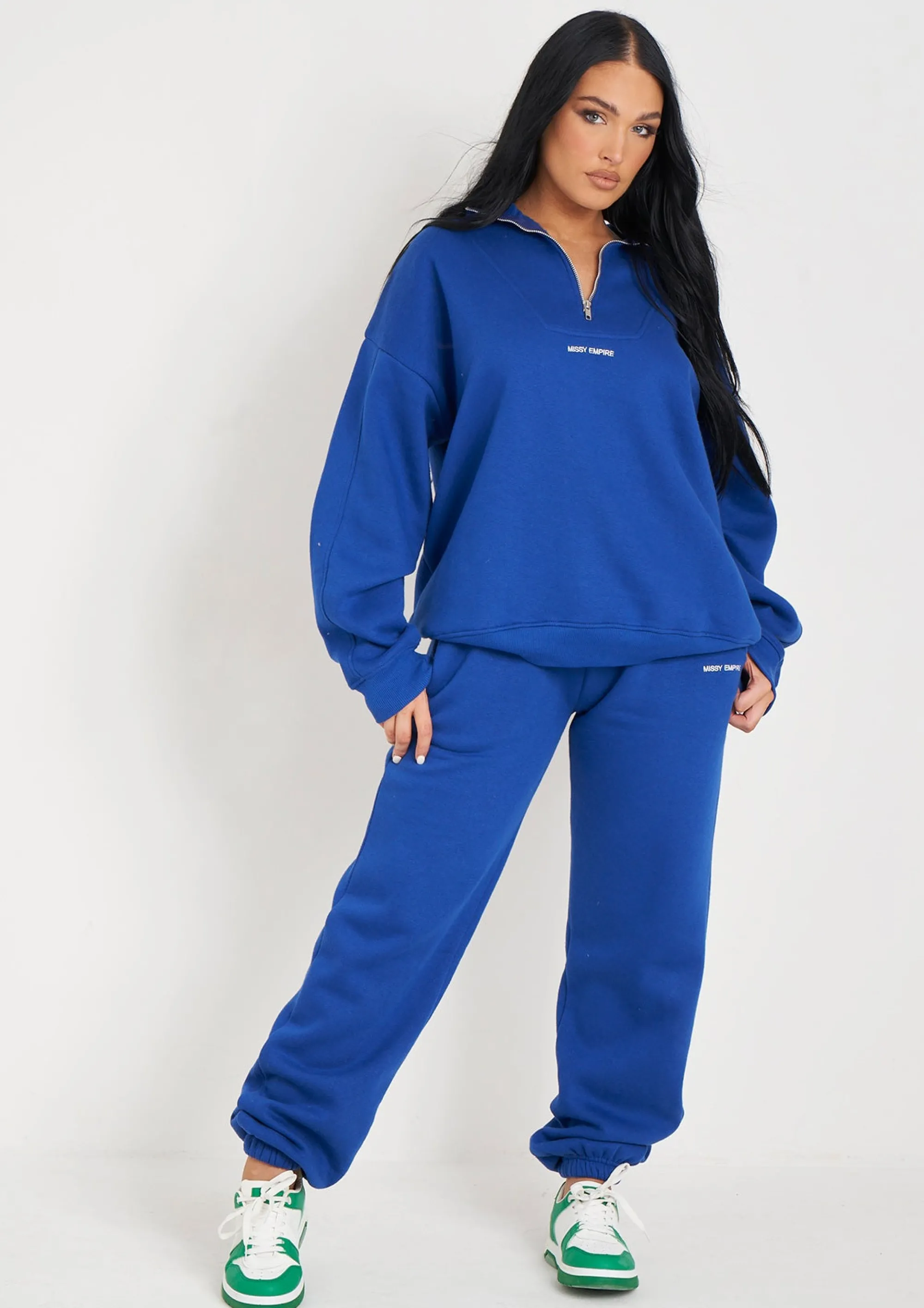Missy Empire Rivka Cobalt Blue Embroidered Half Zip Oversized Sweatshirt^Women Tracksuits