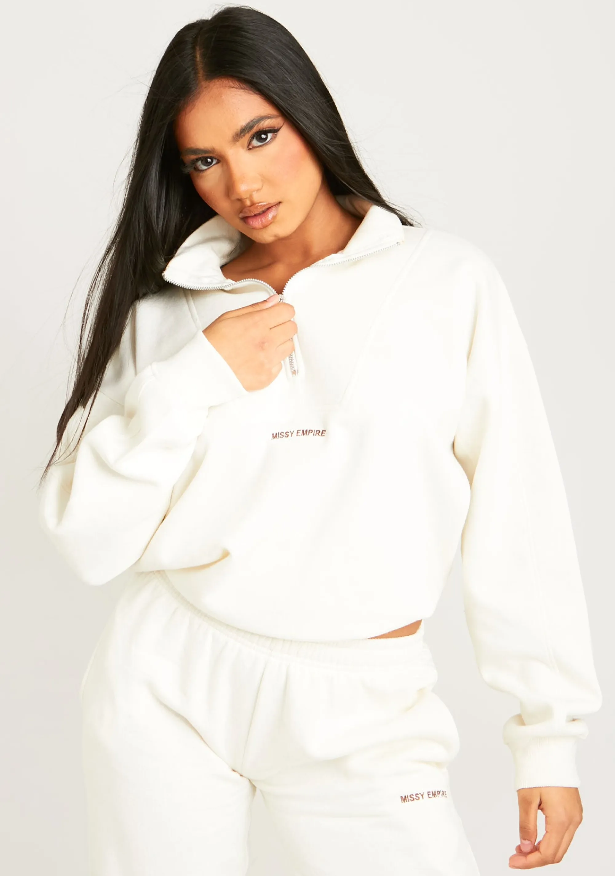 Missy Empire Rivka Cream Embroidered Half Zip Oversized Sweatshirt^Women Tracksuits