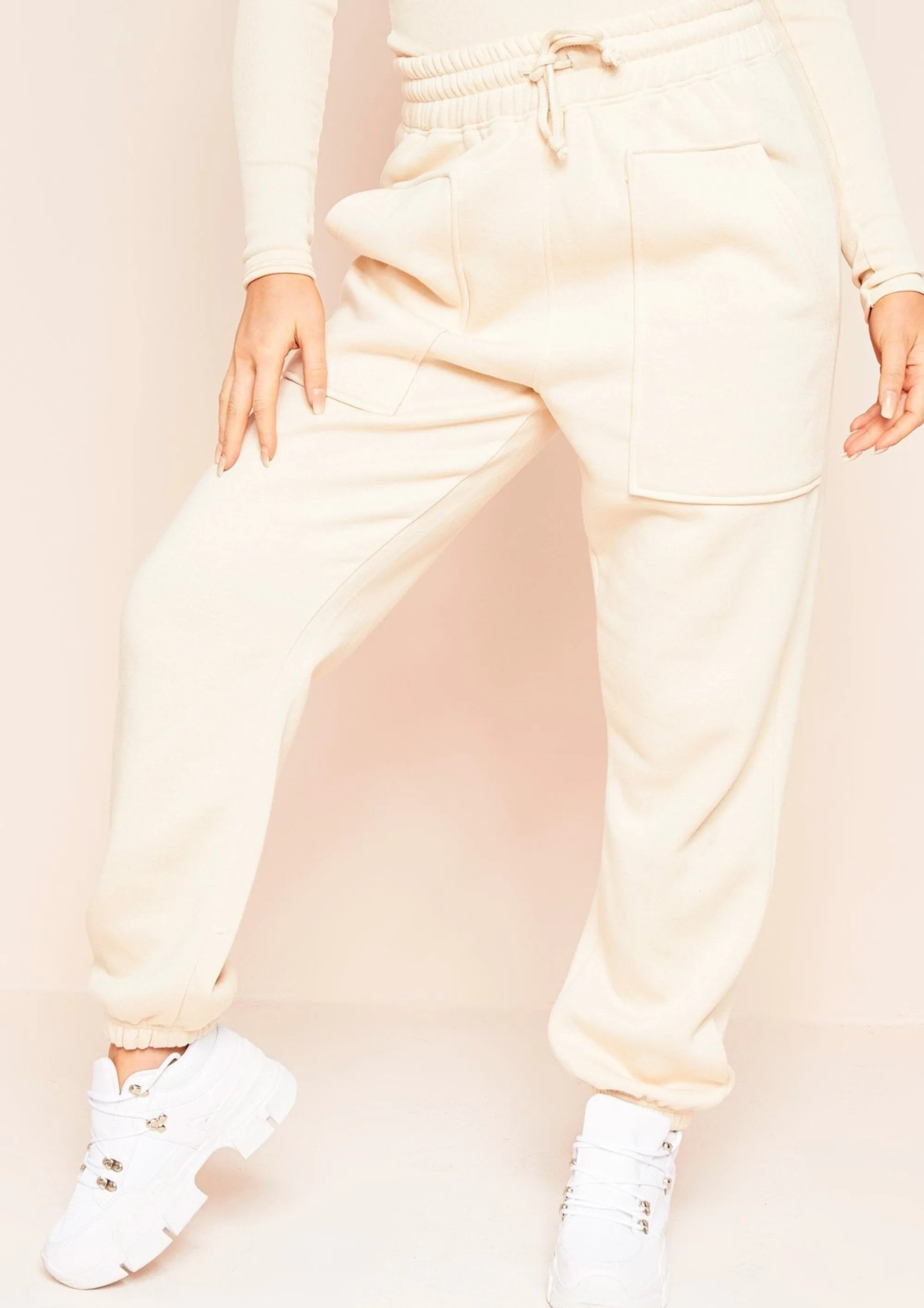 Missy Empire Romy Cream Pocket Front Oversized Joggers^Women Loungewear