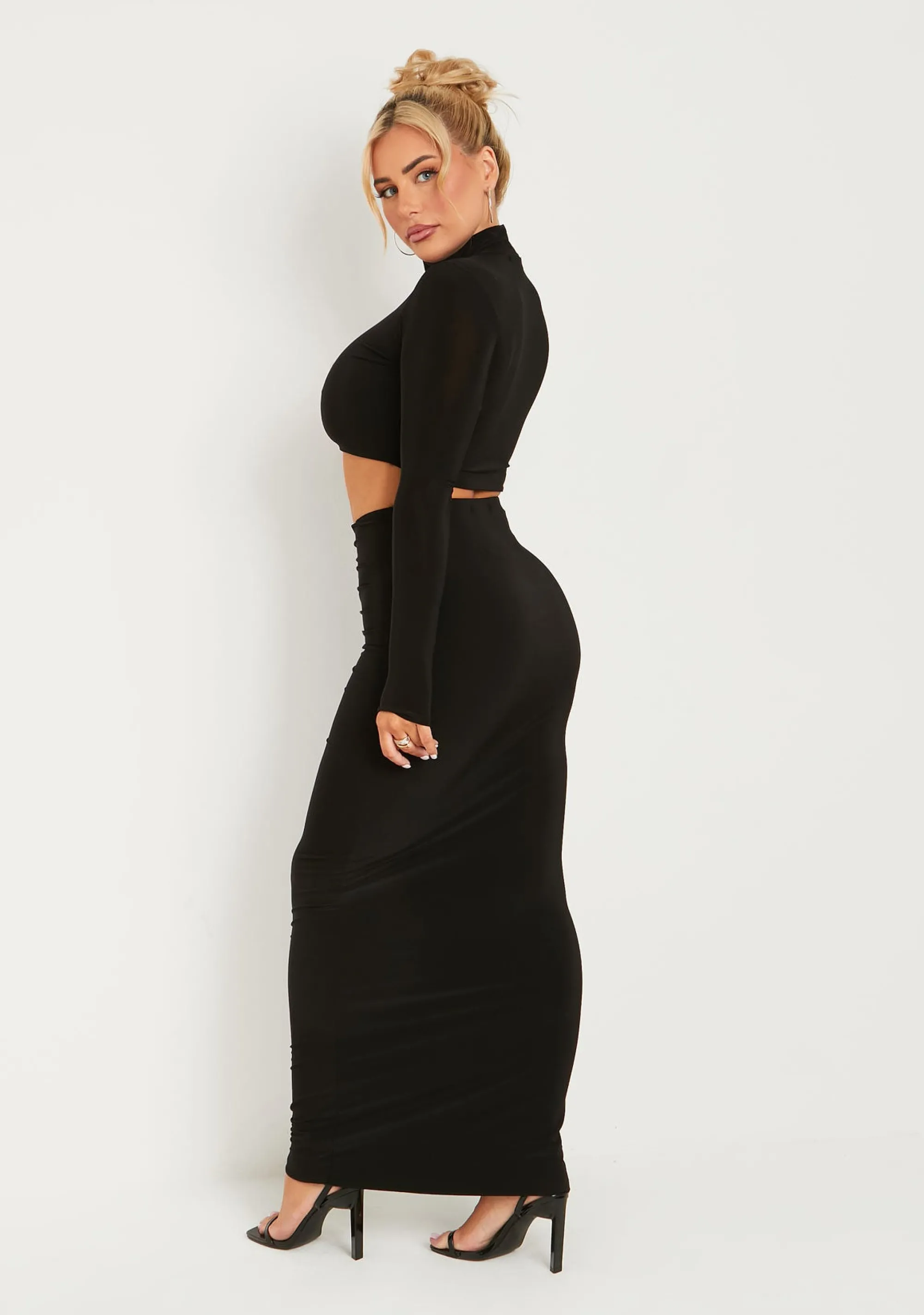 Missy Empire Roxanne Black Double Layer Slinky V Waist Ruched Maxi Skirt Best Sale