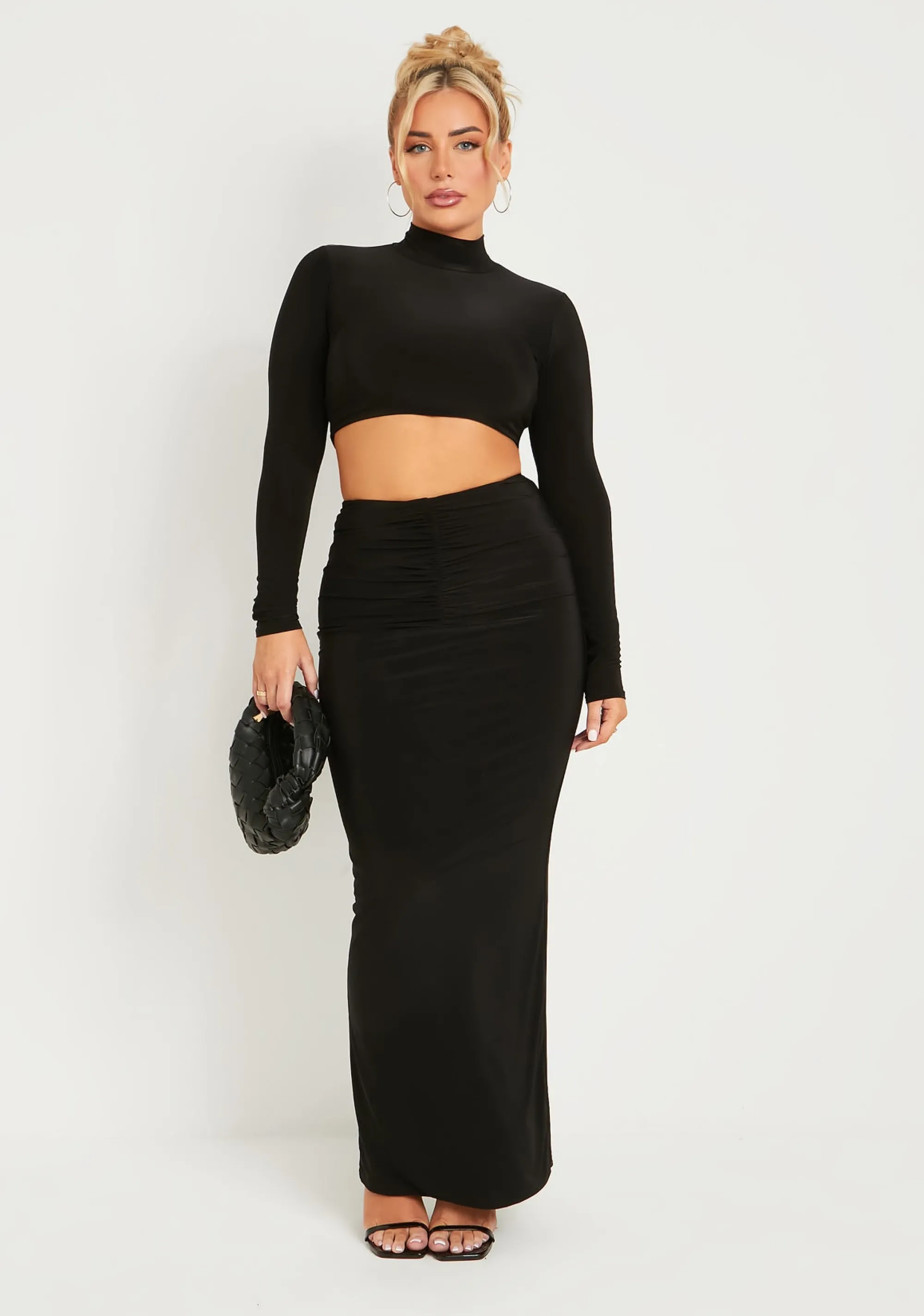 Missy Empire Roxanne Black Double Layer Slinky V Waist Ruched Maxi Skirt Best Sale