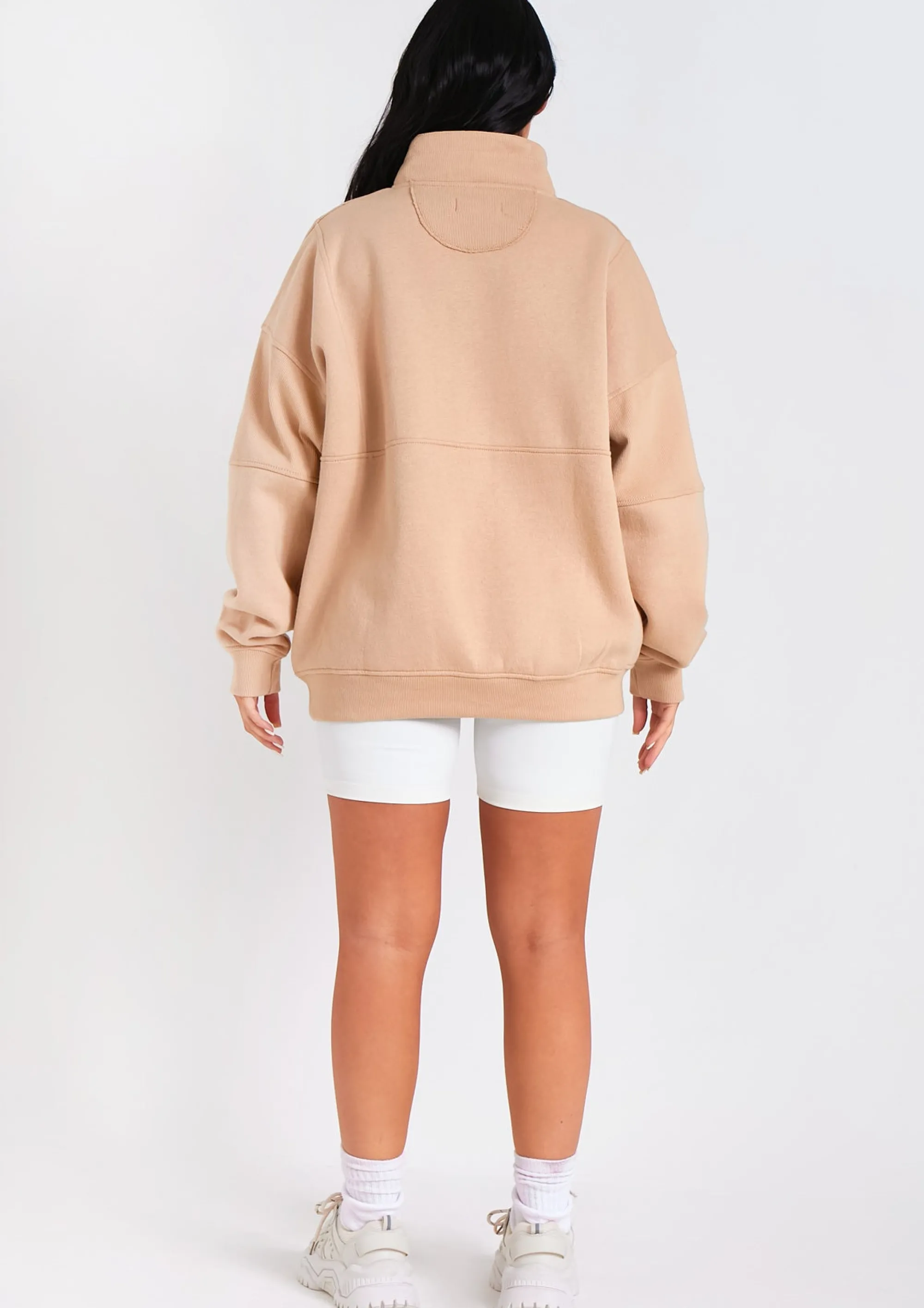 Missy Empire Roxy Beige Premium Ribbed Panelled Half Zip Sweatshirt Store