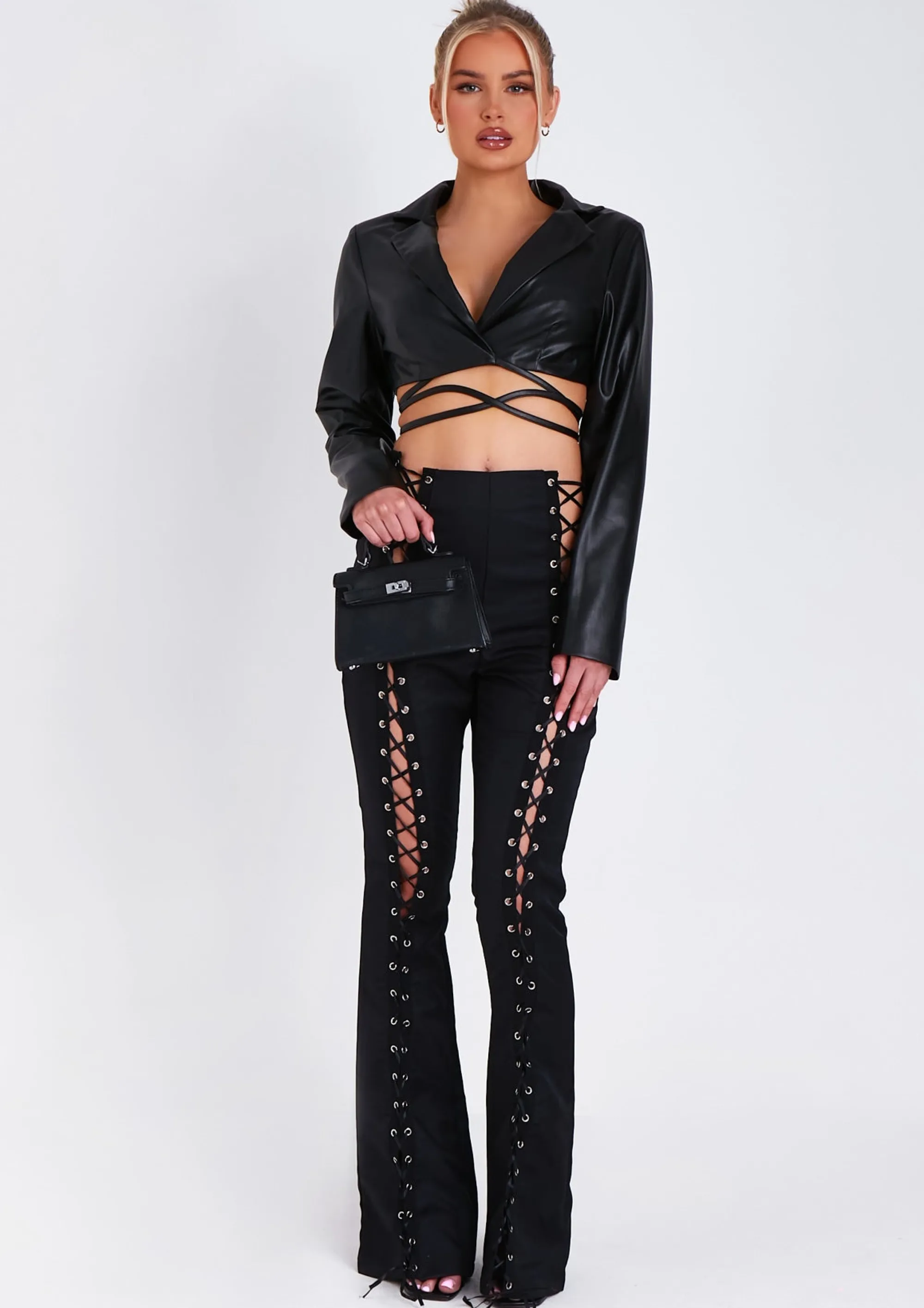 Missy Empire Ruby Black Lace Up High Waisted Trousers^Women Trousers