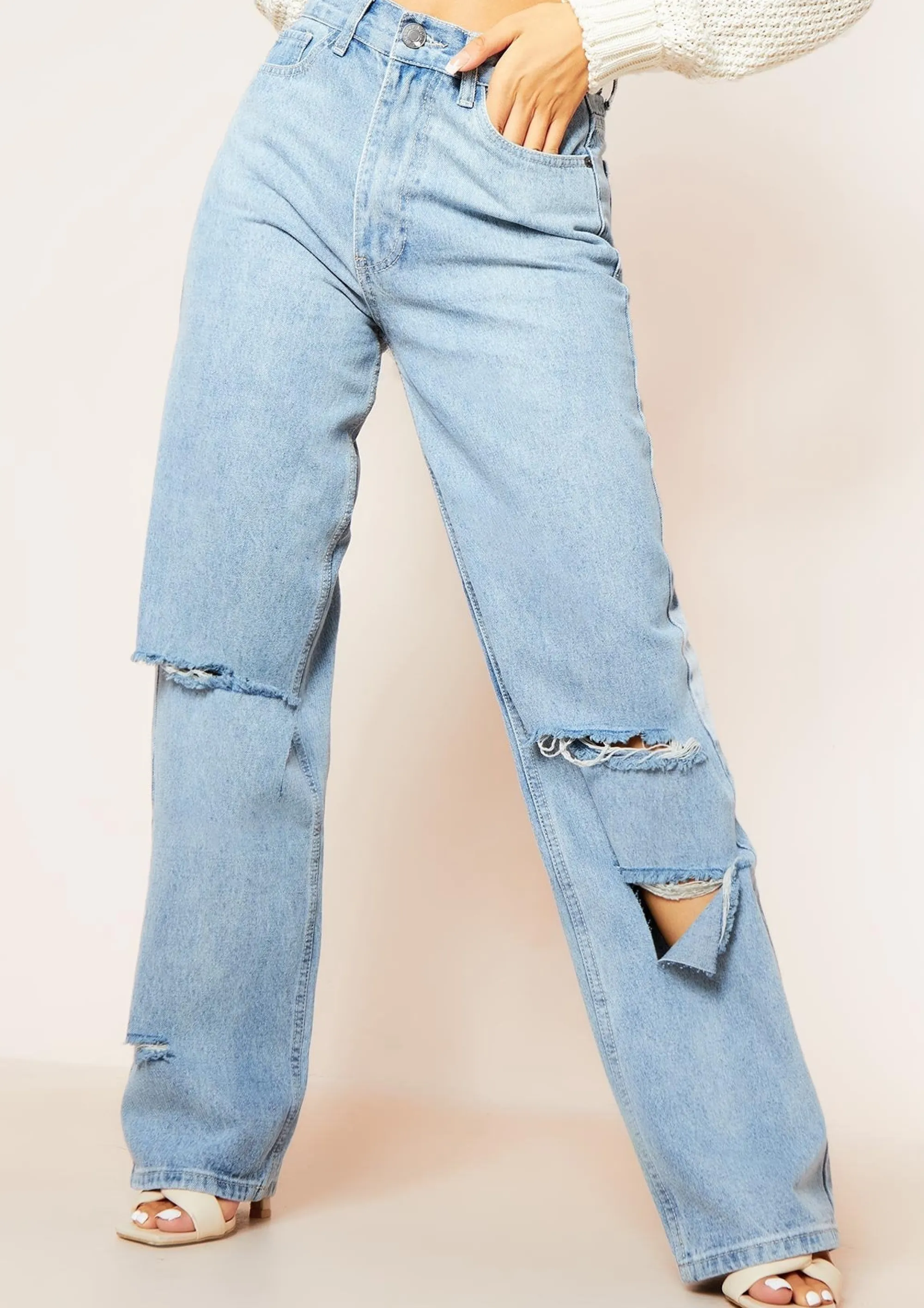 Missy Empire Rylee Denim Ripped Knee Straight Leg Jeans Online