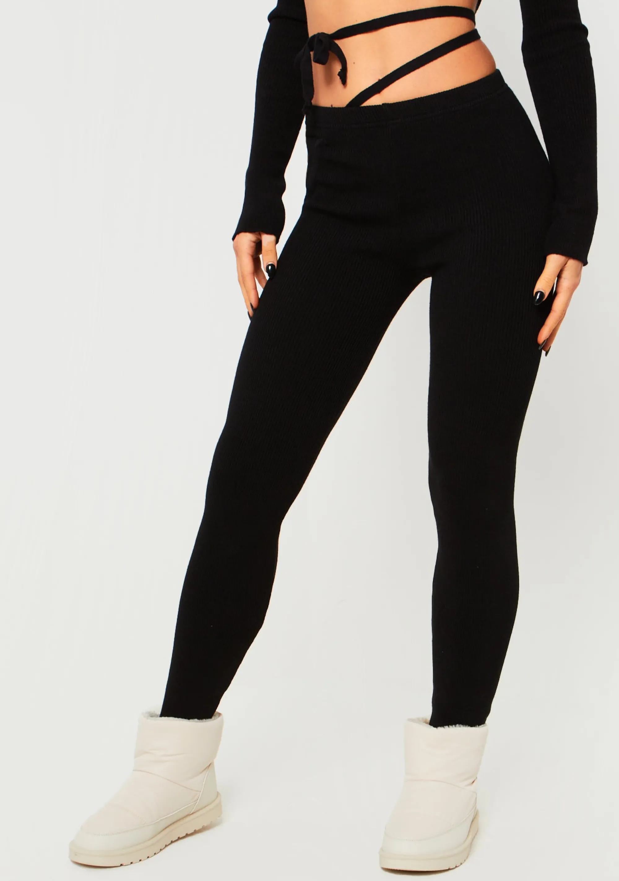 Missy Empire Sabella Black Tie Waist Leggings^Women Leggings