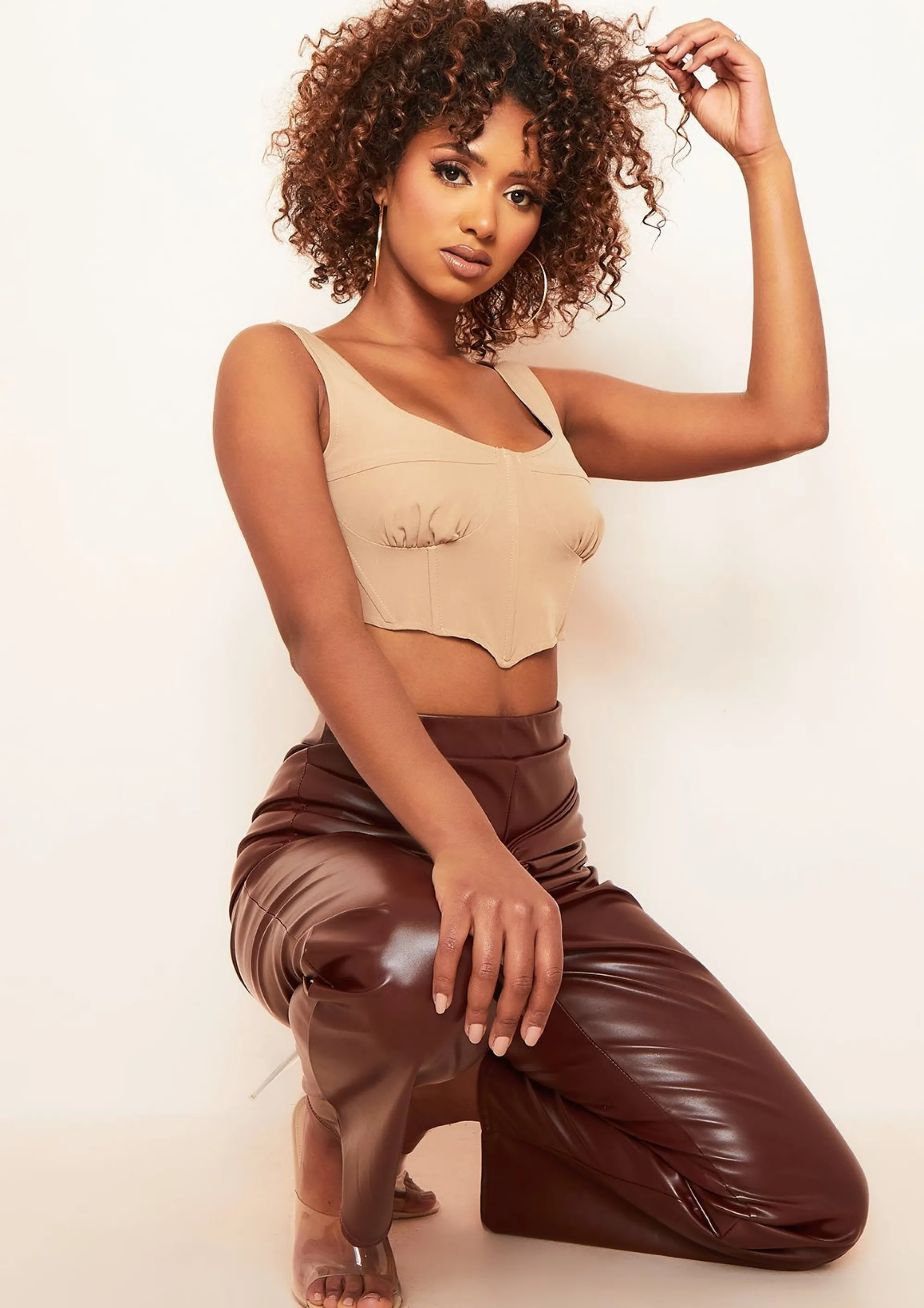 Missy Empire Sabrina Beige Cup Detail Corset Crop Top Sale