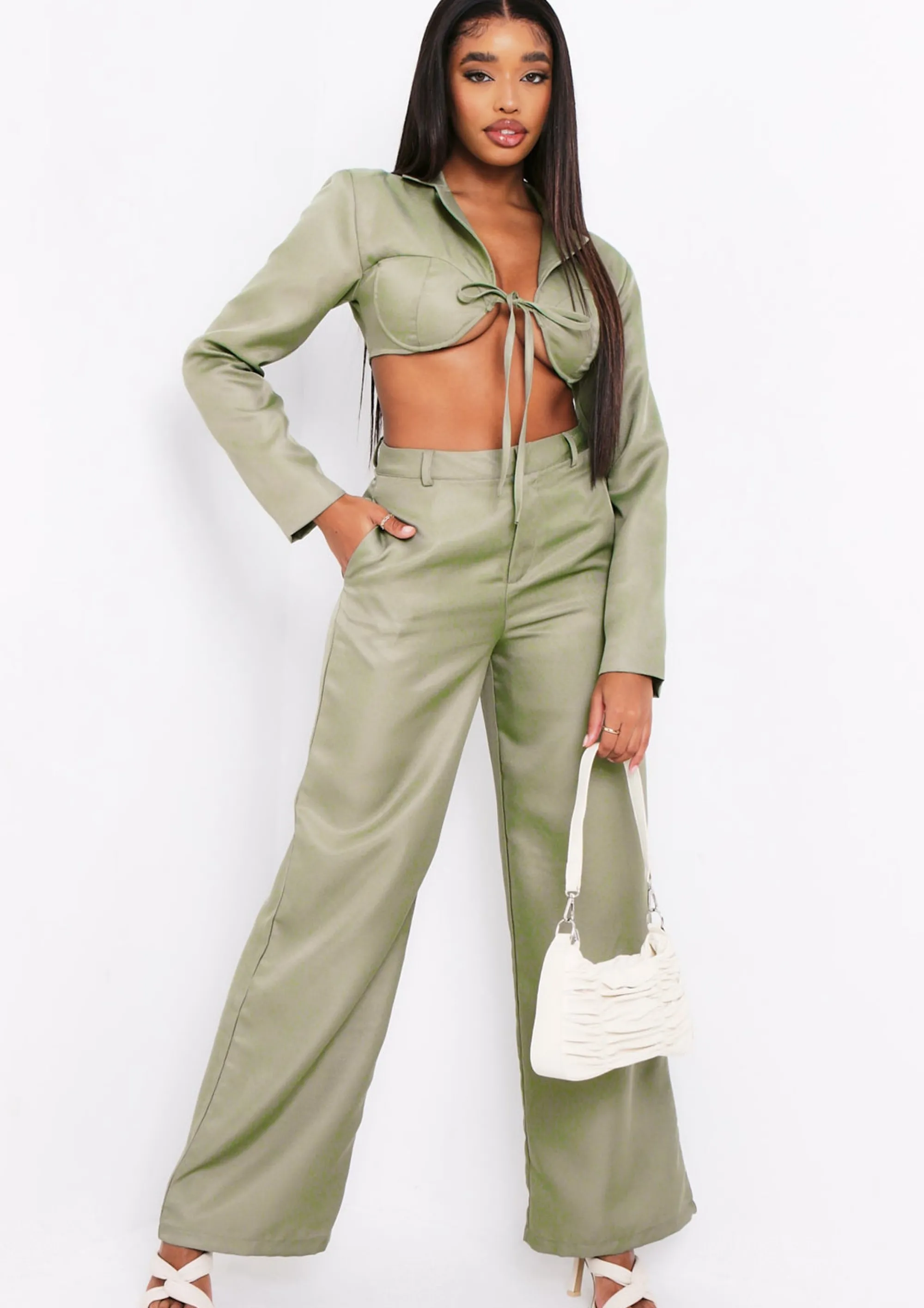 Missy Empire Sabrina Khaki High Waisted Trouser Co-Ord^Women Trousers