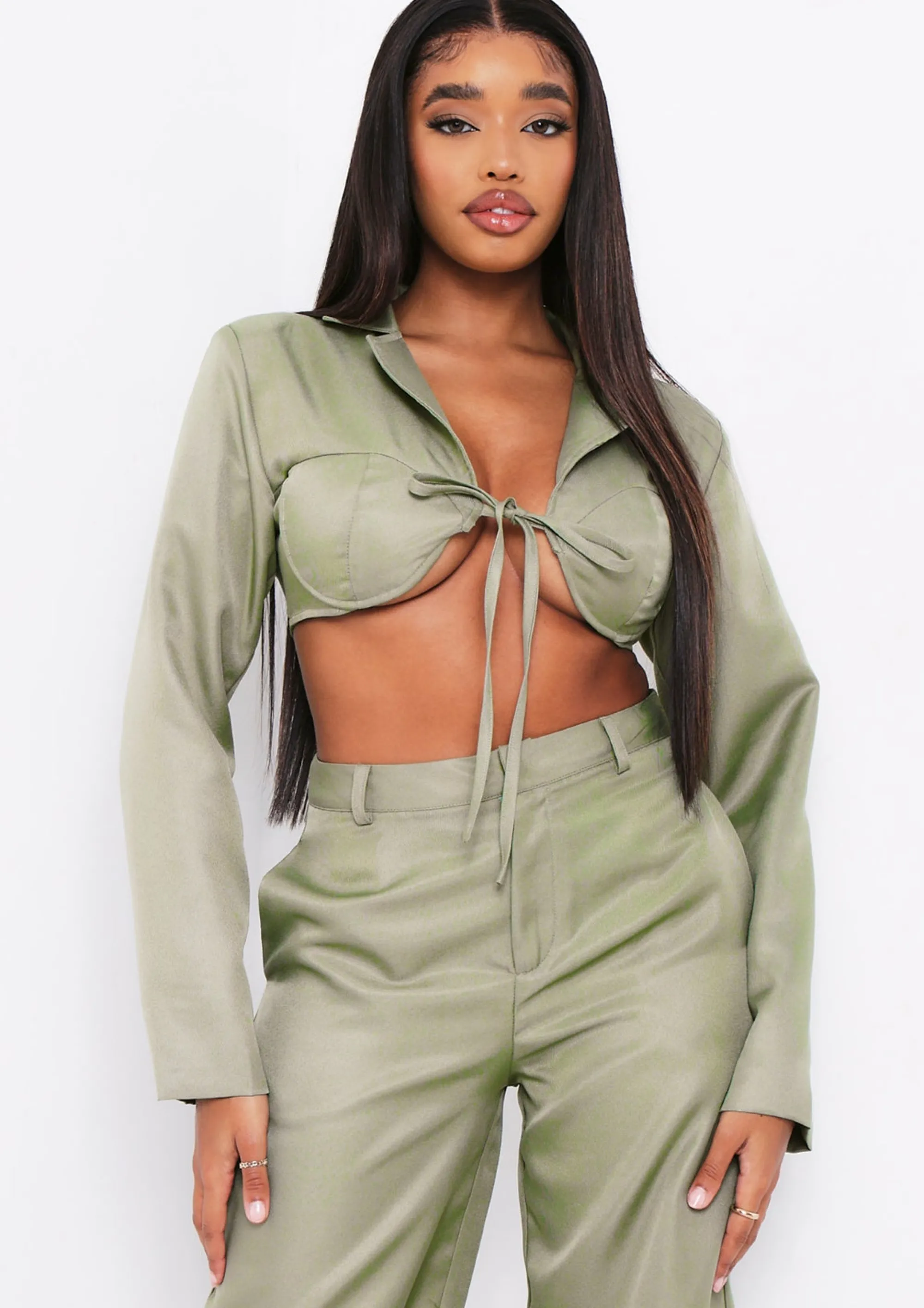 Missy Empire Sabrina Khaki High Waisted Trouser Co-Ord^Women Trousers