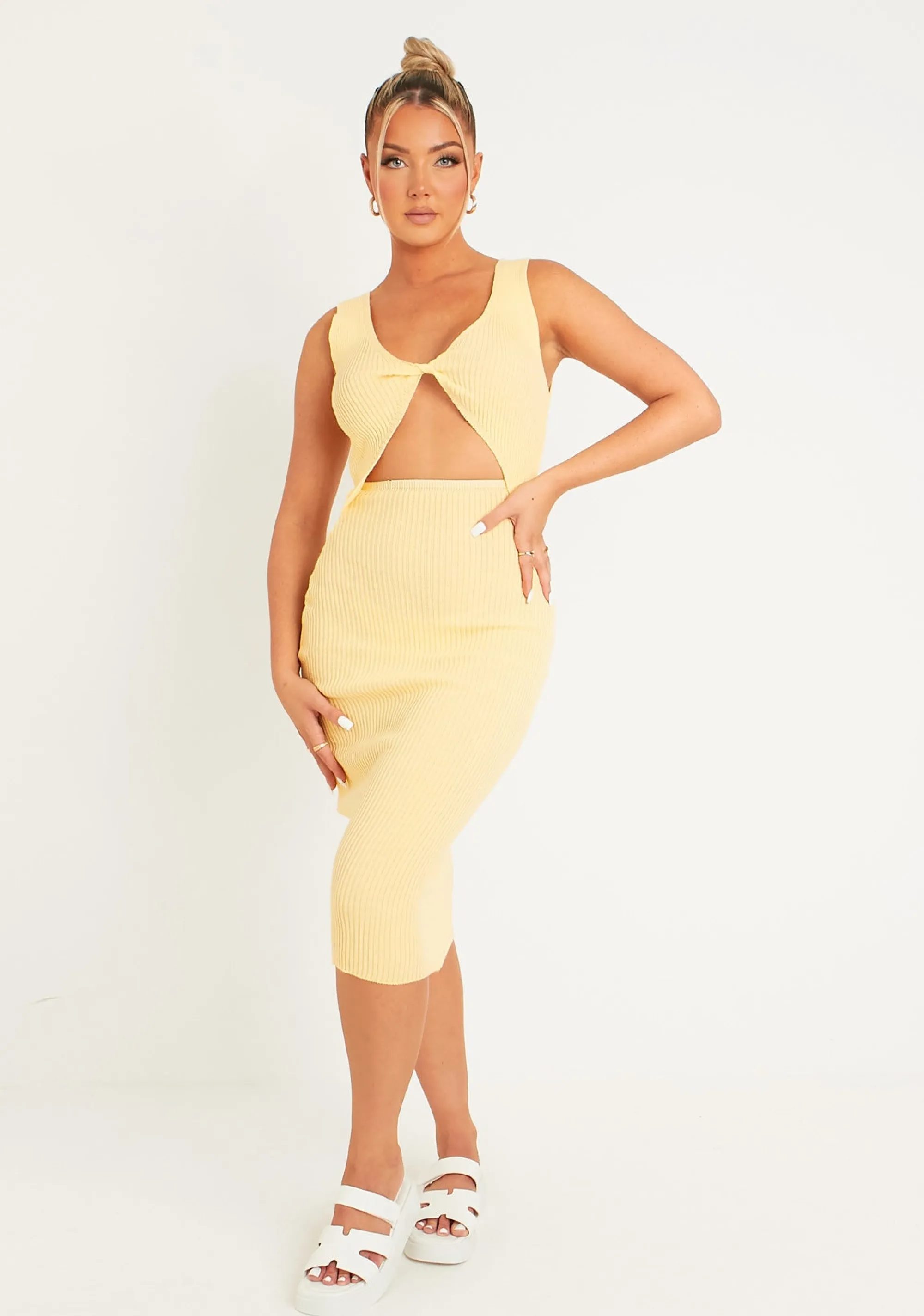 Missy Empire Safiyah Lemon Twist Cut Out Knitted Midi Dress^Women Dresses