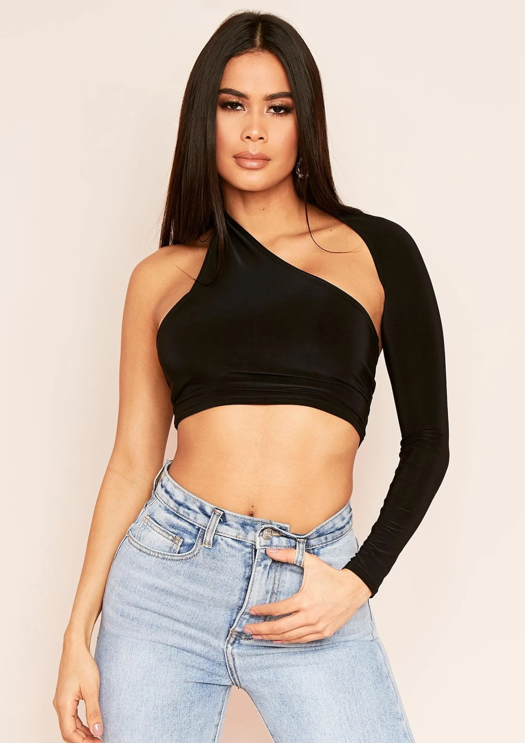 Missy Empire Sam Black One Shoulder Long Sleeve Crop Top Hot