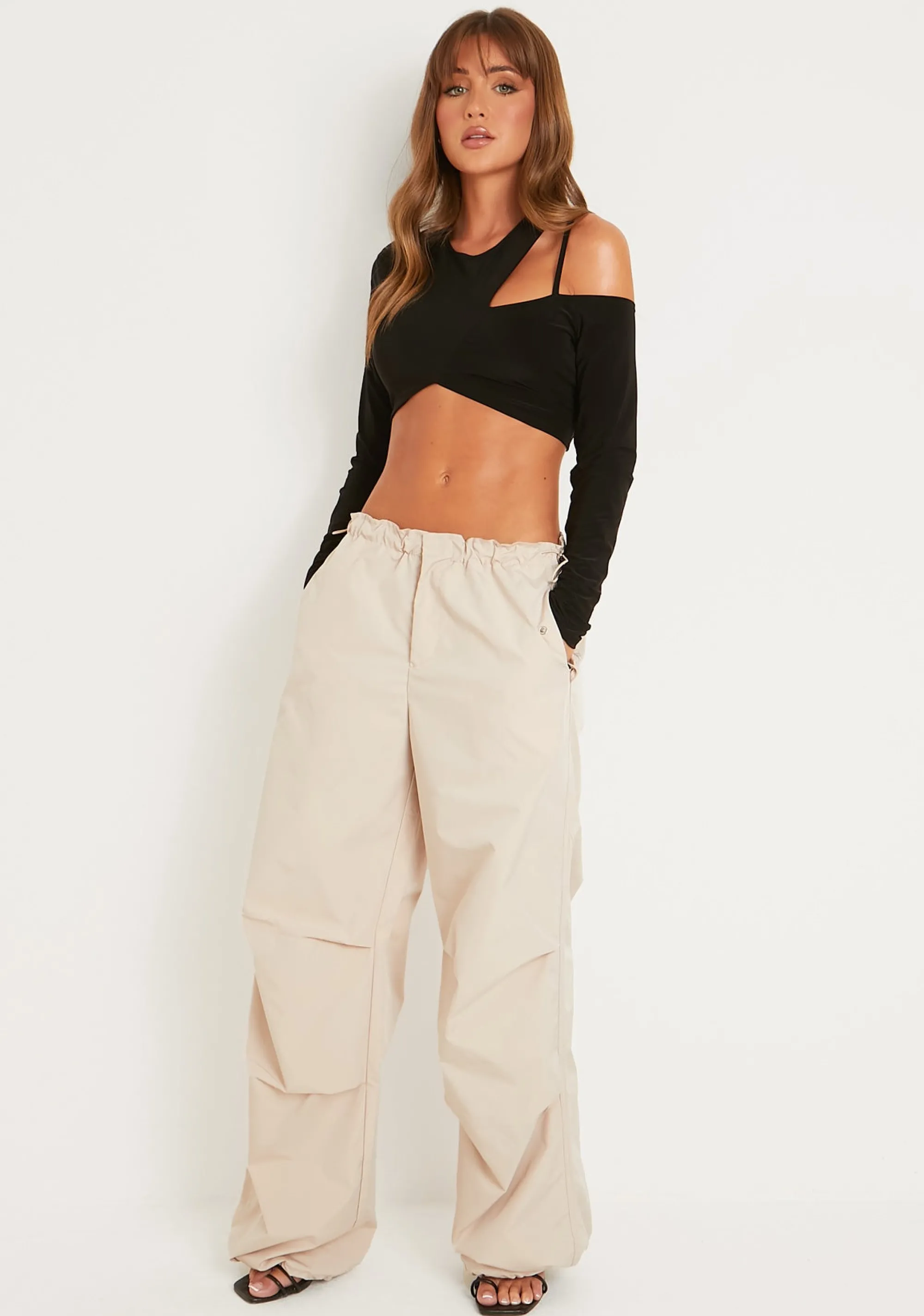 Missy Empire Samantha Beige Parachute Cargo Pants^Women Trousers