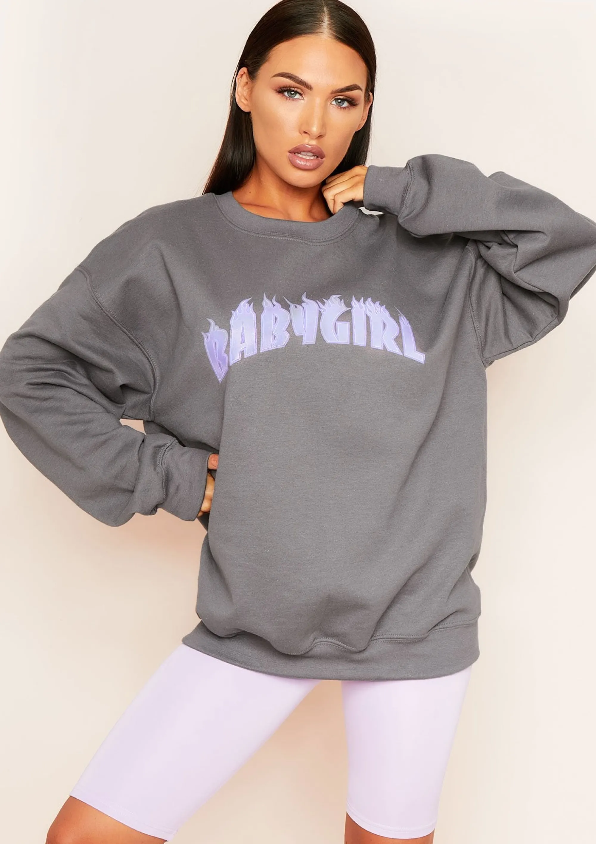 Missy Empire Sancia Charcoal Babygirl Slogan Oversized Sweatshirt Outlet