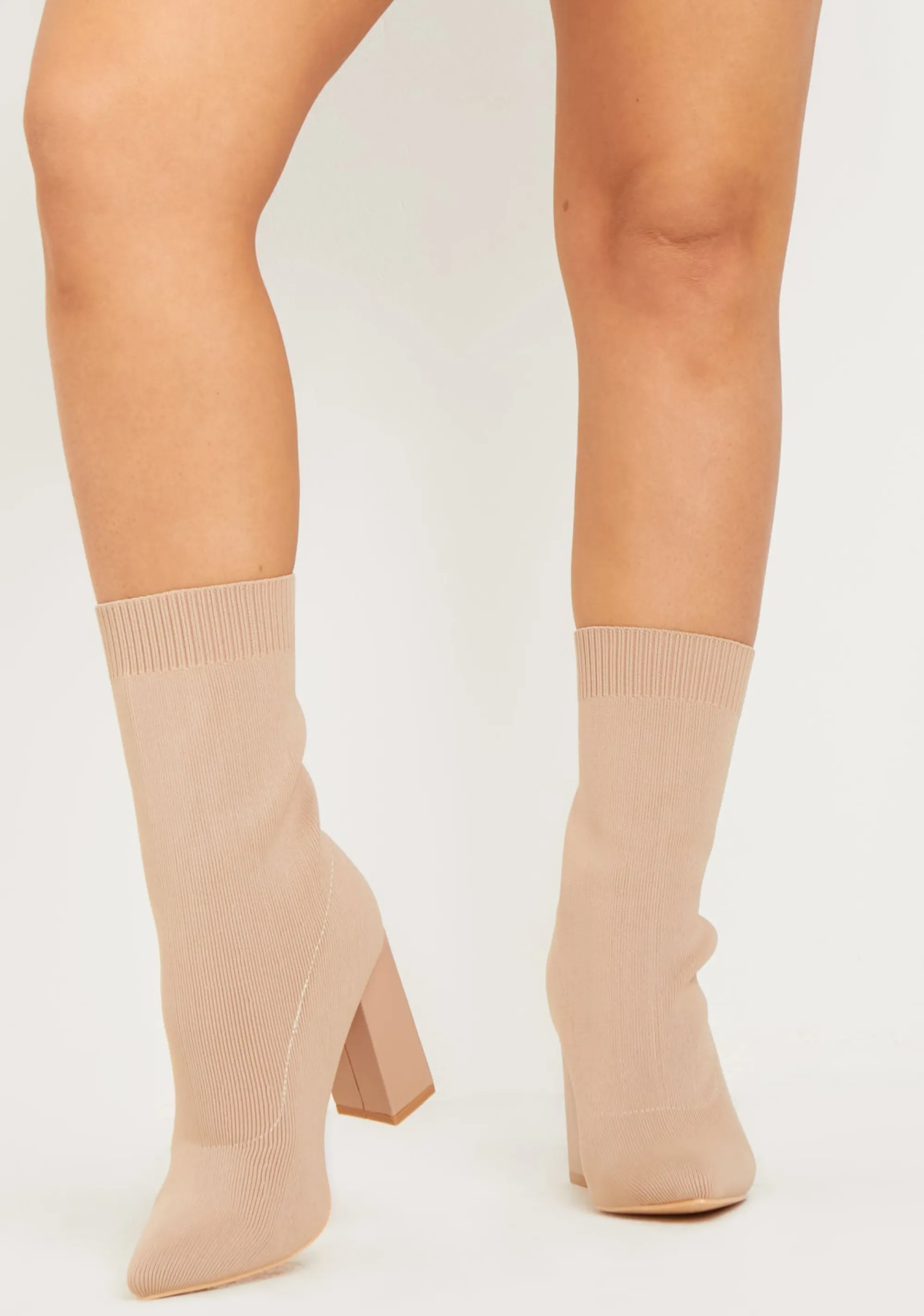 Missy Empire Sandra Beige Chunky Heel Sock Boots^Women Boots