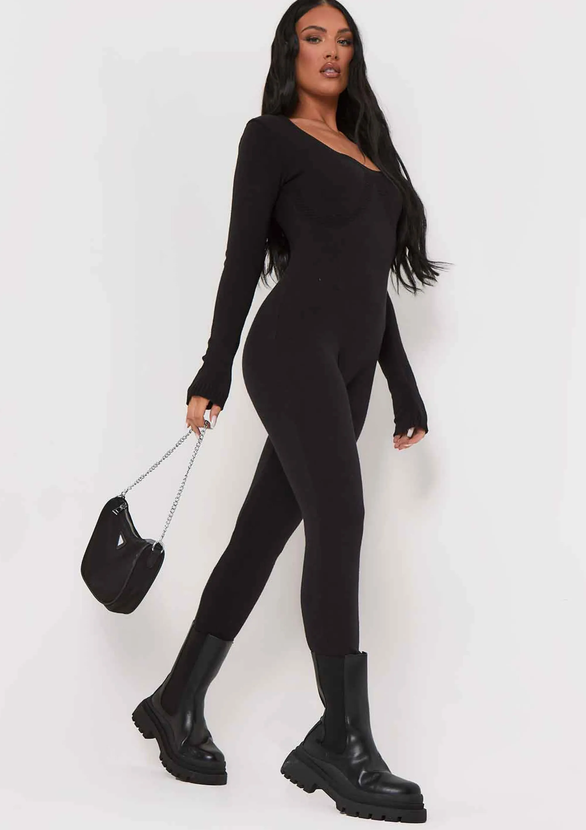 Missy Empire Savannah Black Knitted Long Sleeve Jumpsuit^Women Loungewear