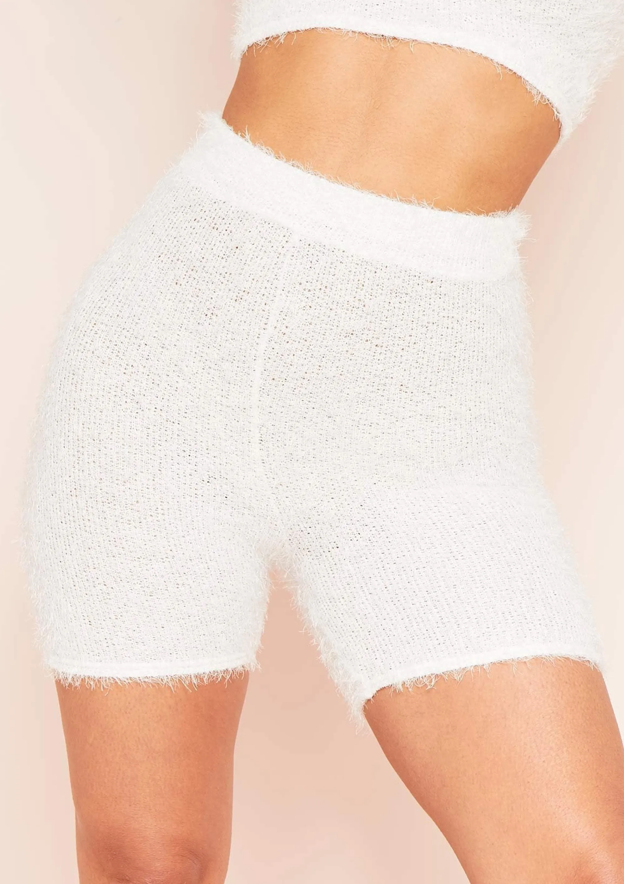 Missy Empire Seena White Fluffy Knit High Waist Shorts^Women Shorts