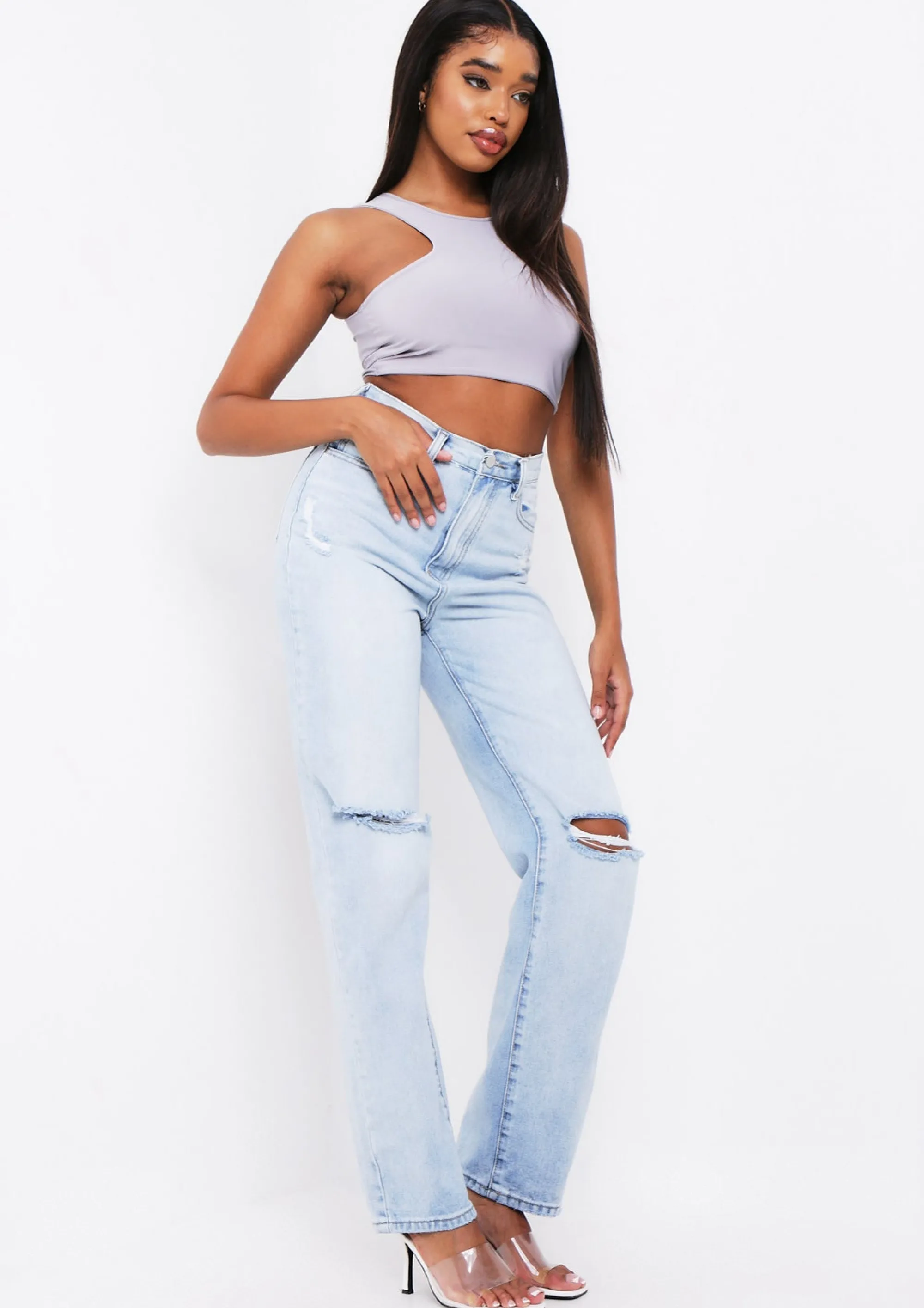 Missy Empire Seera Denim Light Wash Knee Slit Jeans Sale