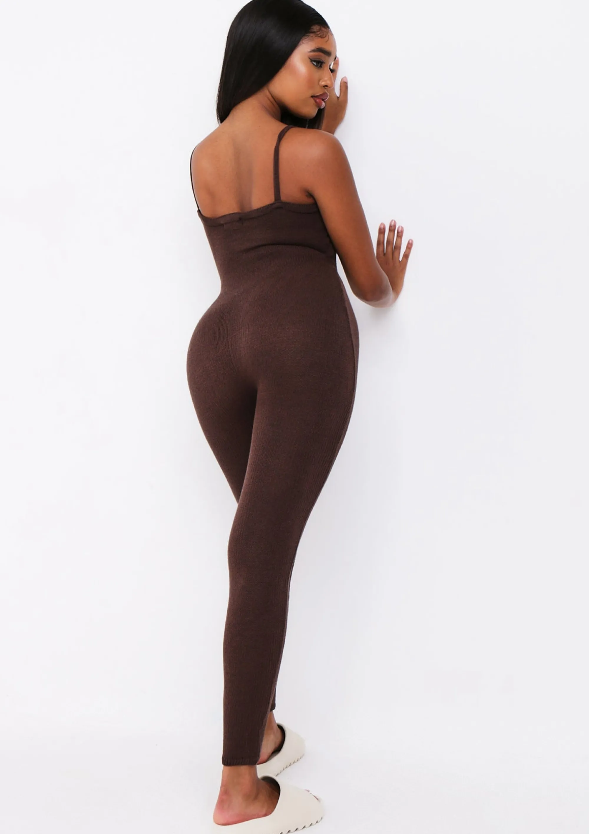 Missy Empire Serena Chocolate Knitted Strappy Jumpsuit^Women Loungewear