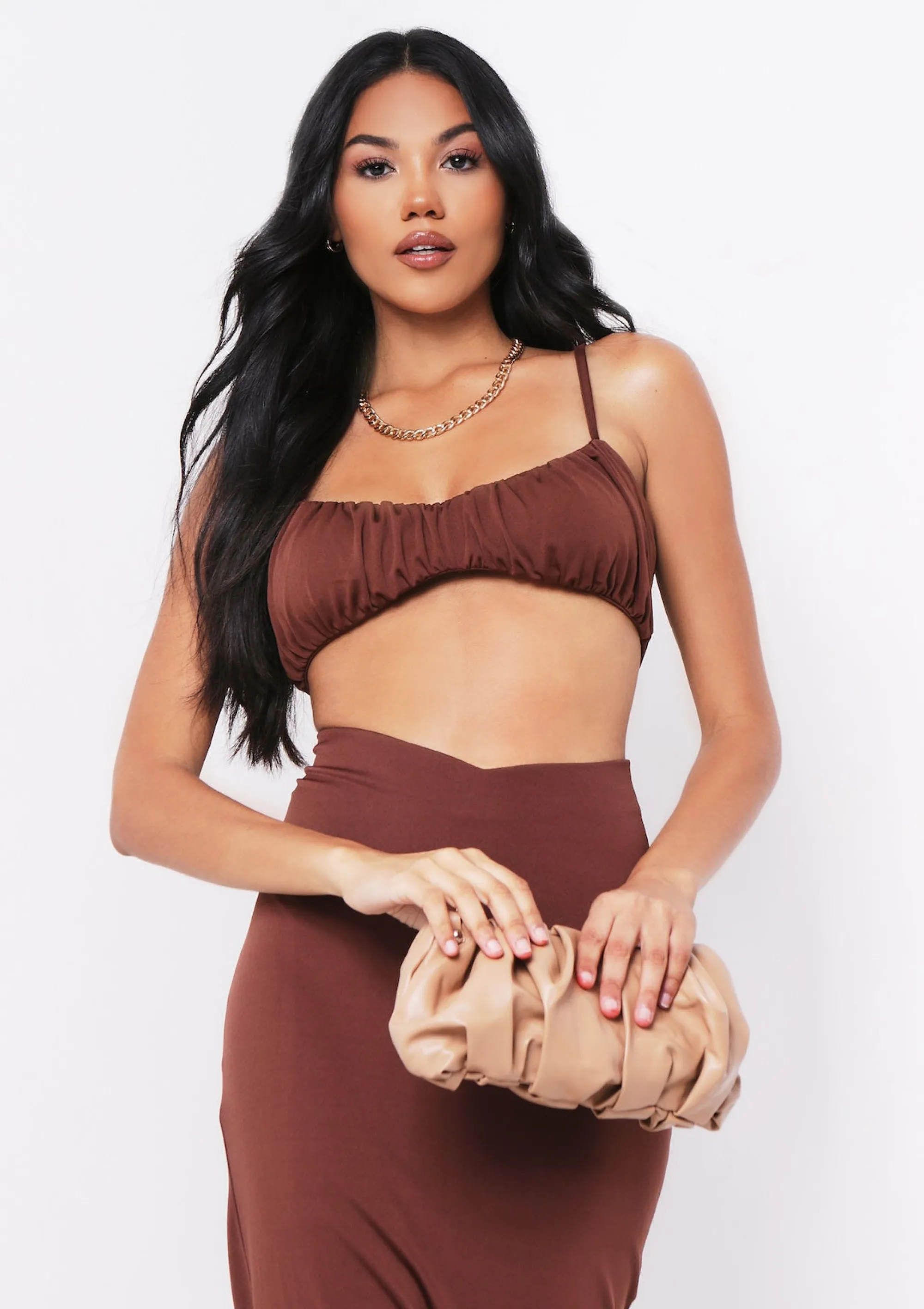 Missy Empire Shahena Chocolate Ruched Strappy Bralet Crop Top Flash Sale