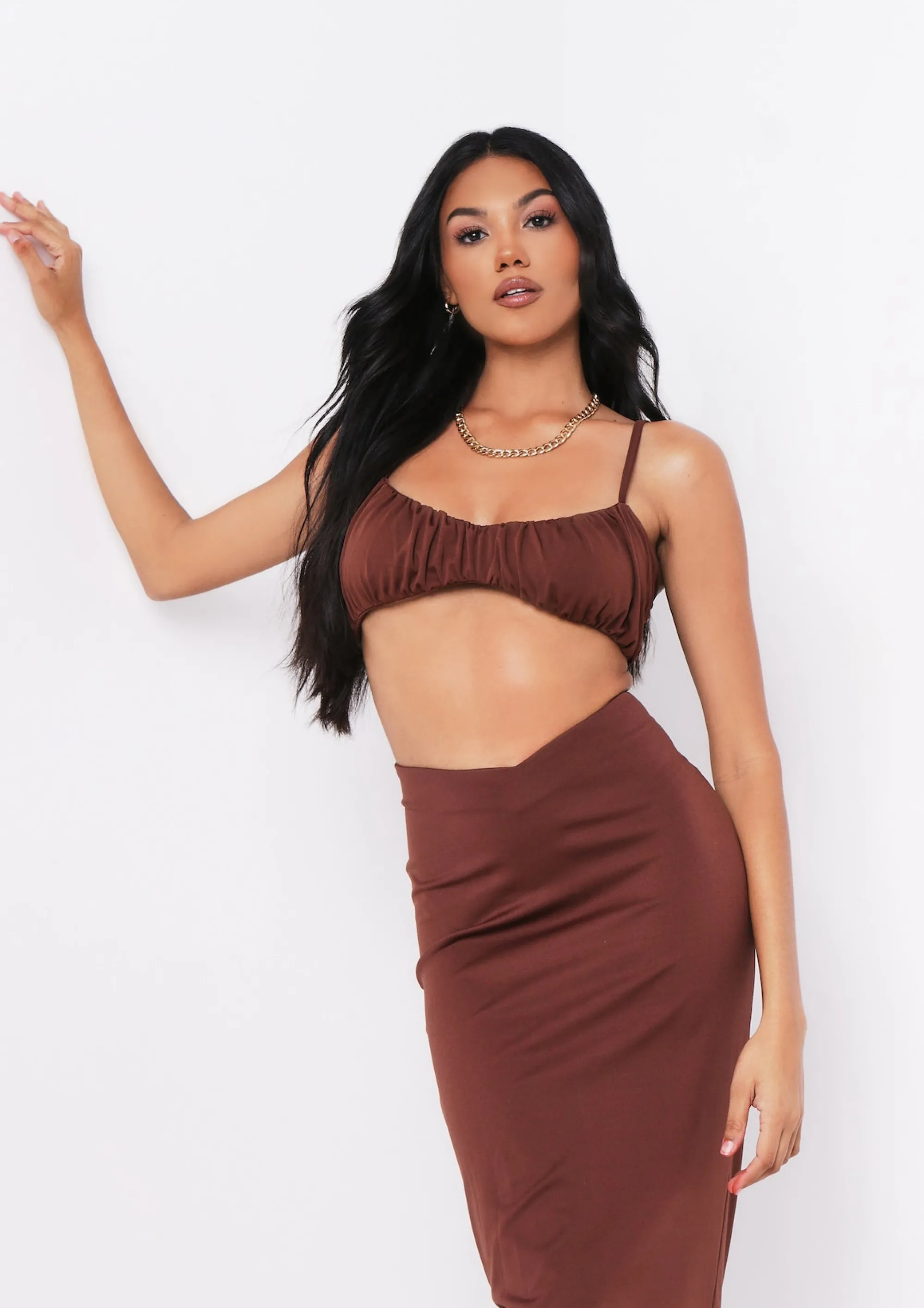 Missy Empire Shahena Chocolate Ruched Strappy Bralet Crop Top Flash Sale