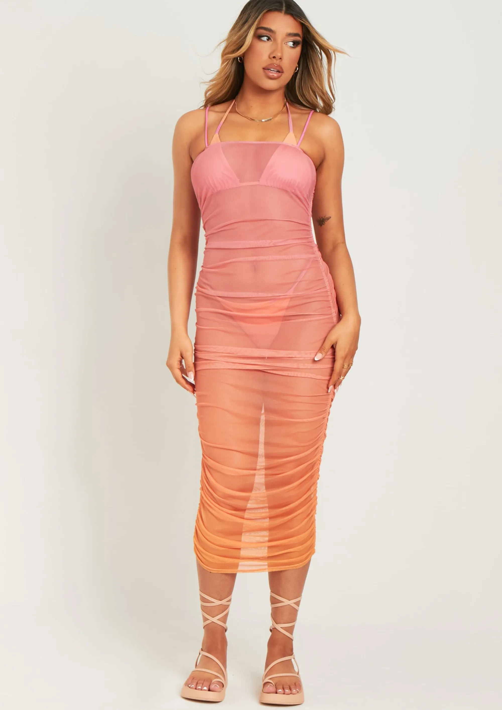 Missy Empire Sharon Pink Ombre Print Mesh Midaxi Dress^Women Dresses