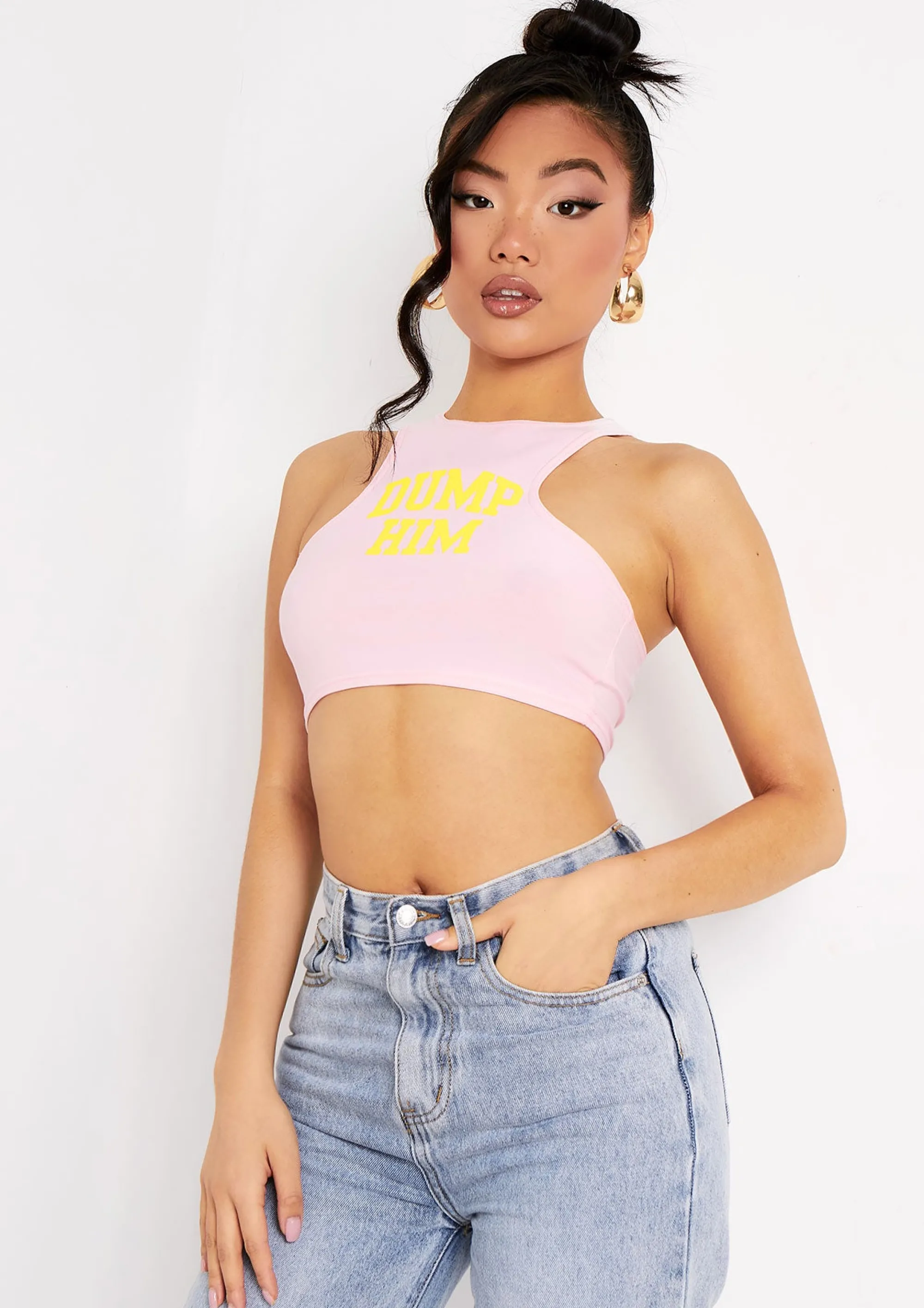 Missy Empire Sian Pink Dump Him Slogan Racer Crop Top Outlet