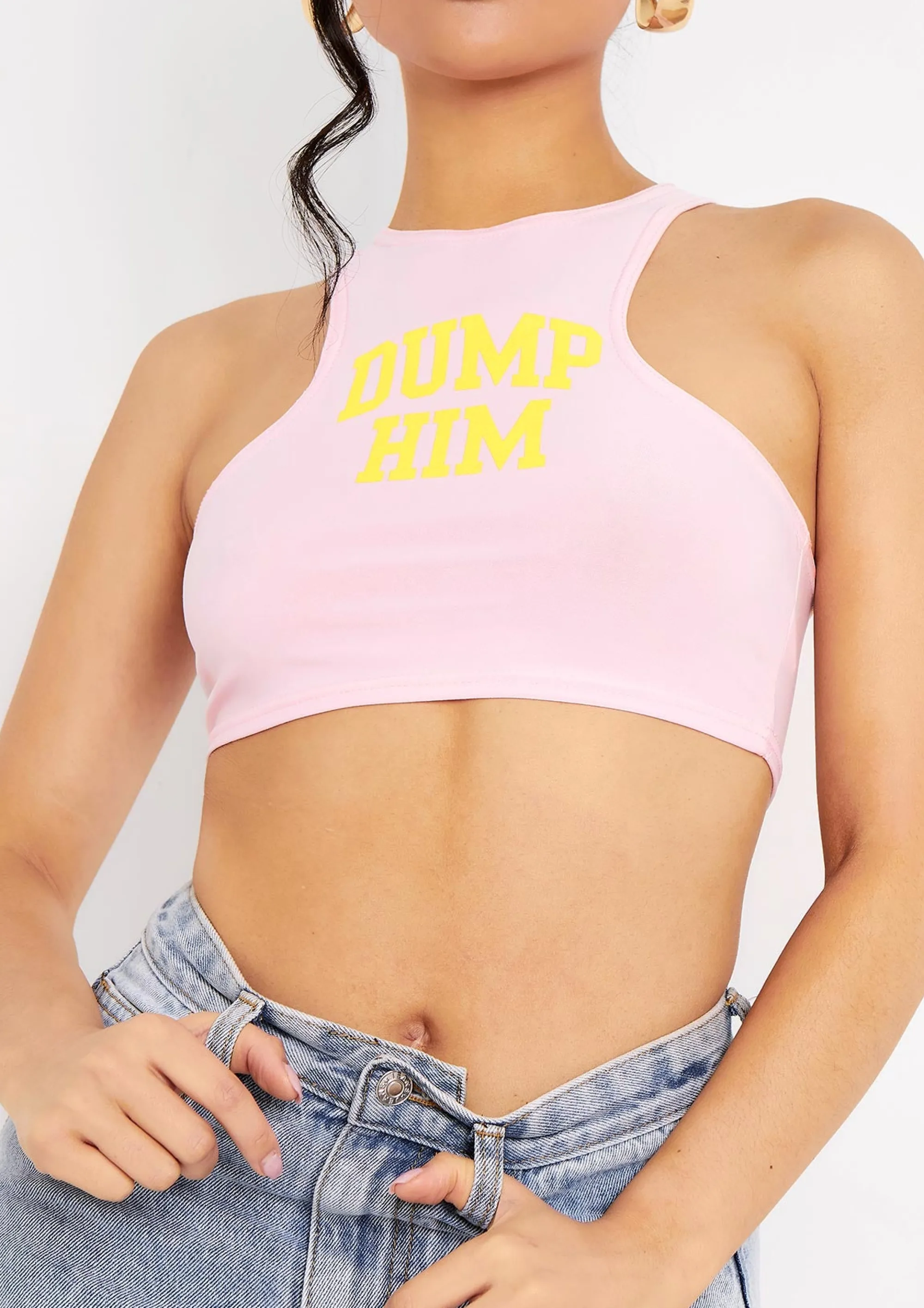 Missy Empire Sian Pink Dump Him Slogan Racer Crop Top Outlet