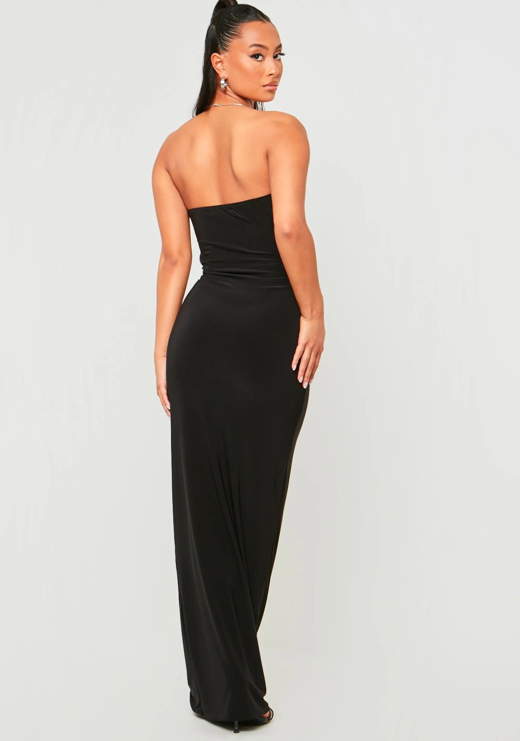 Missy Empire Sienna Black Double Layer Slinky Bandeau Cut Out Maxi Dress^Women Dresses