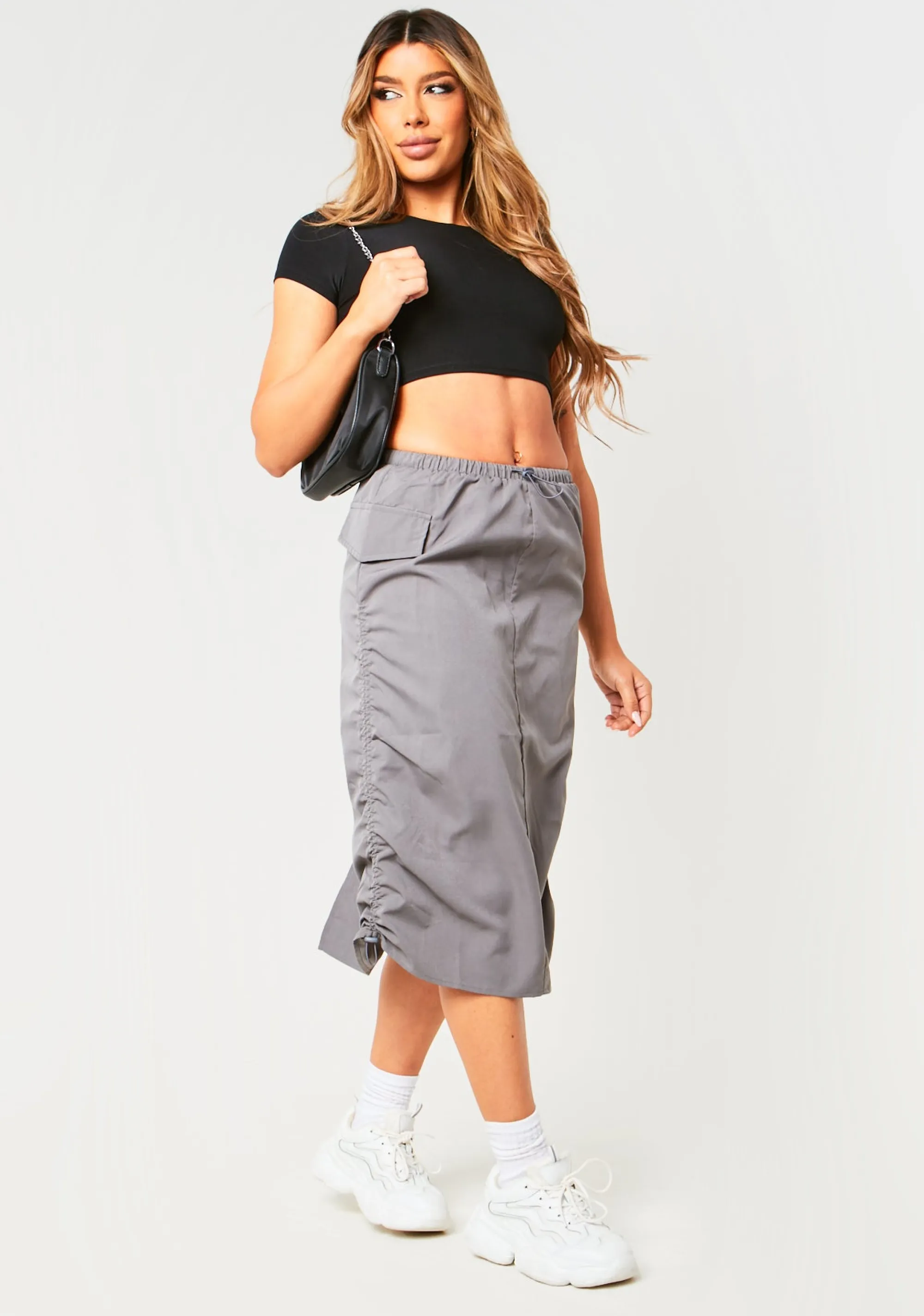 Missy Empire Sienna Charcoal Parachute Ruched Side Cargo Midi Skirt Hot