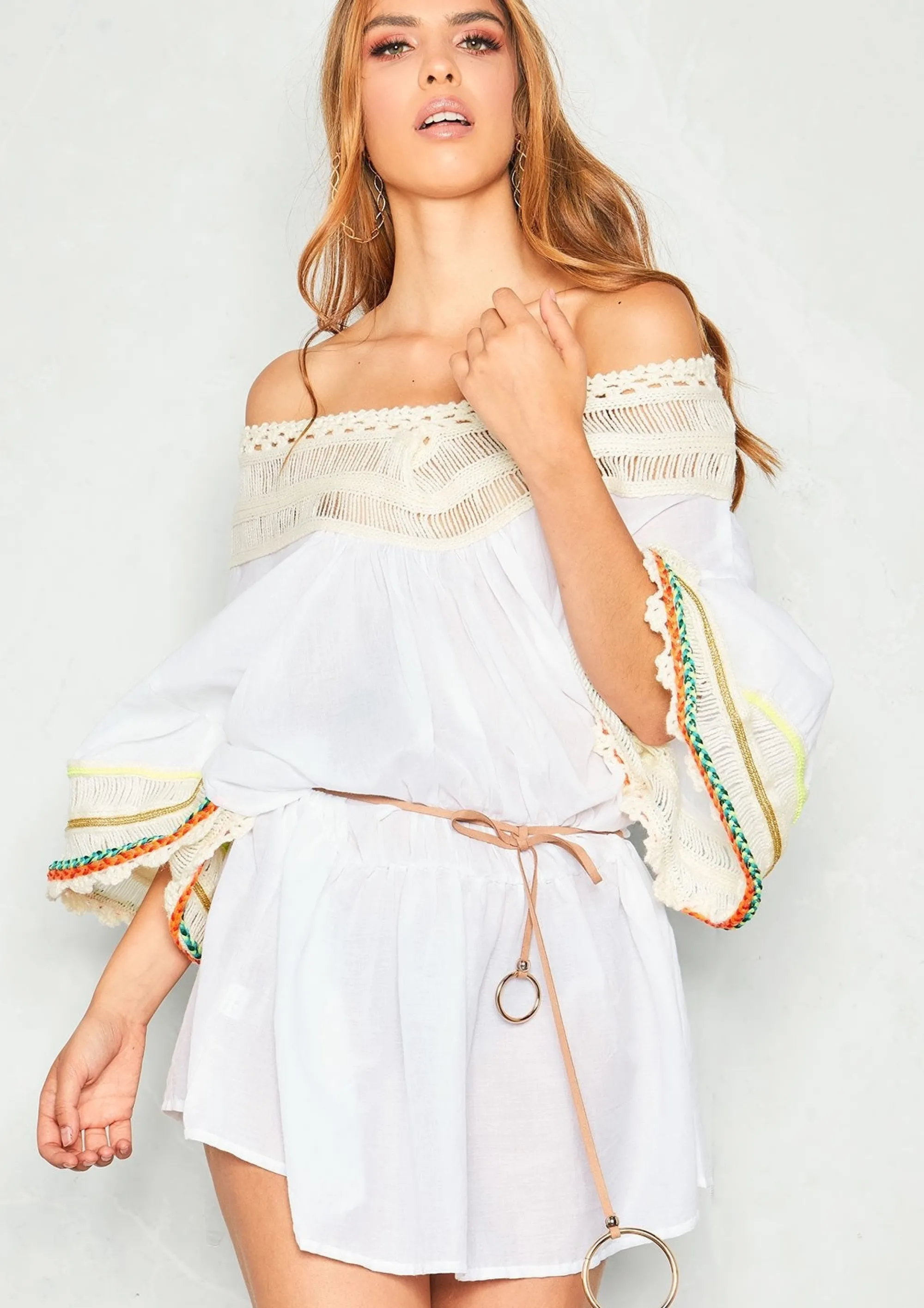 Missy Empire Sienna White Wool Bardot Kaftan^Women Dresses