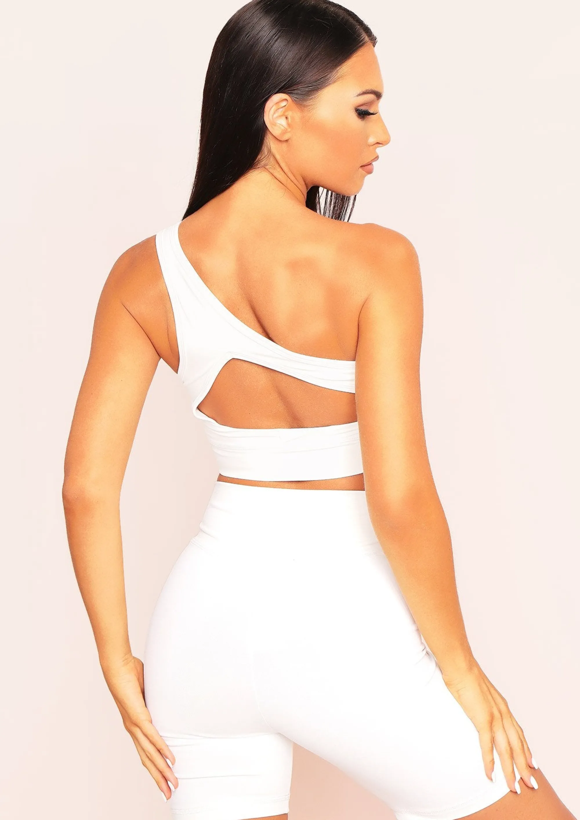 Missy Empire Siera Cream Missy Sport One Shoulder Cut Out Gym Top Clearance