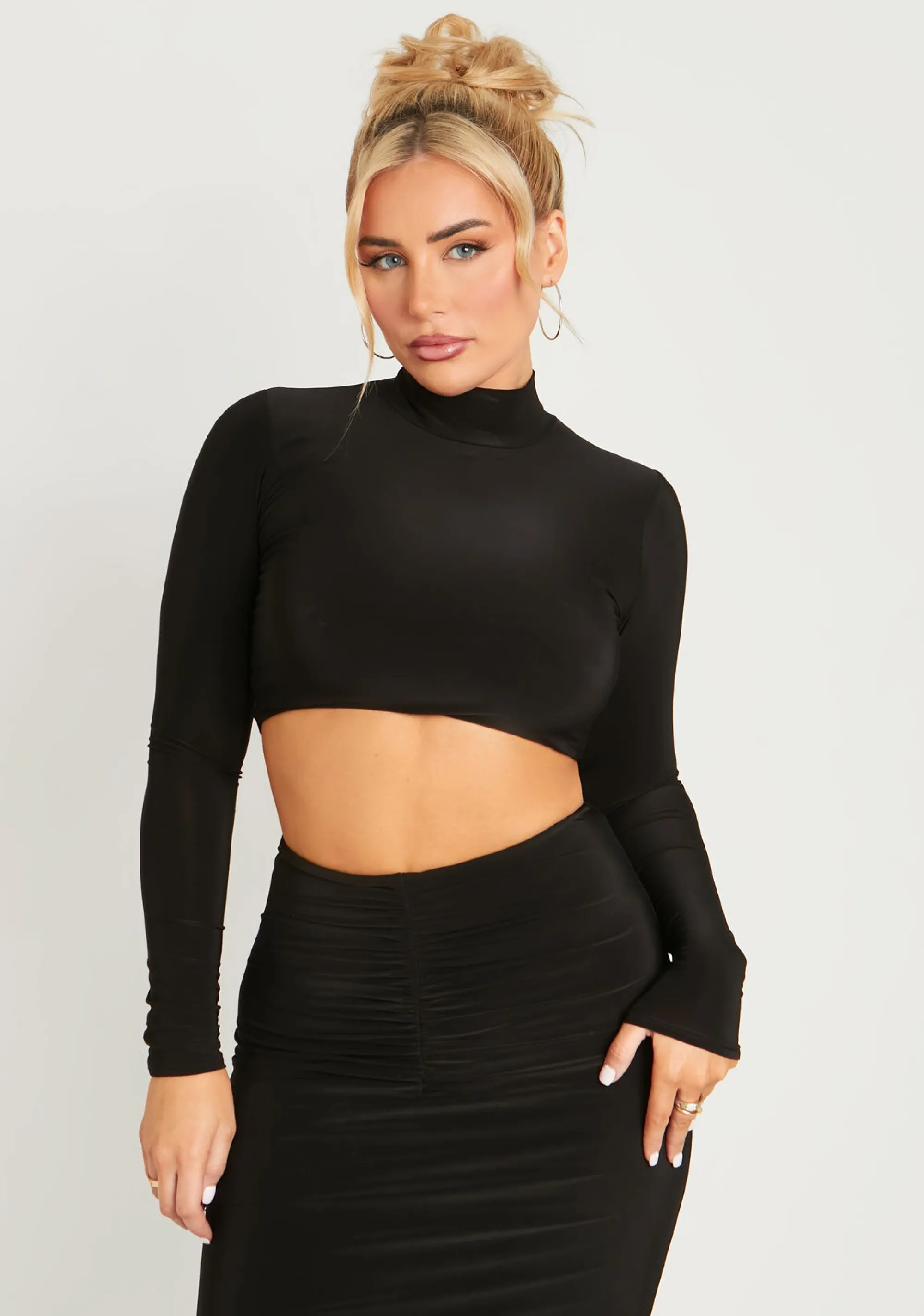 Missy Empire Sierra Black High Neck Long Sleeve Crop Top Online