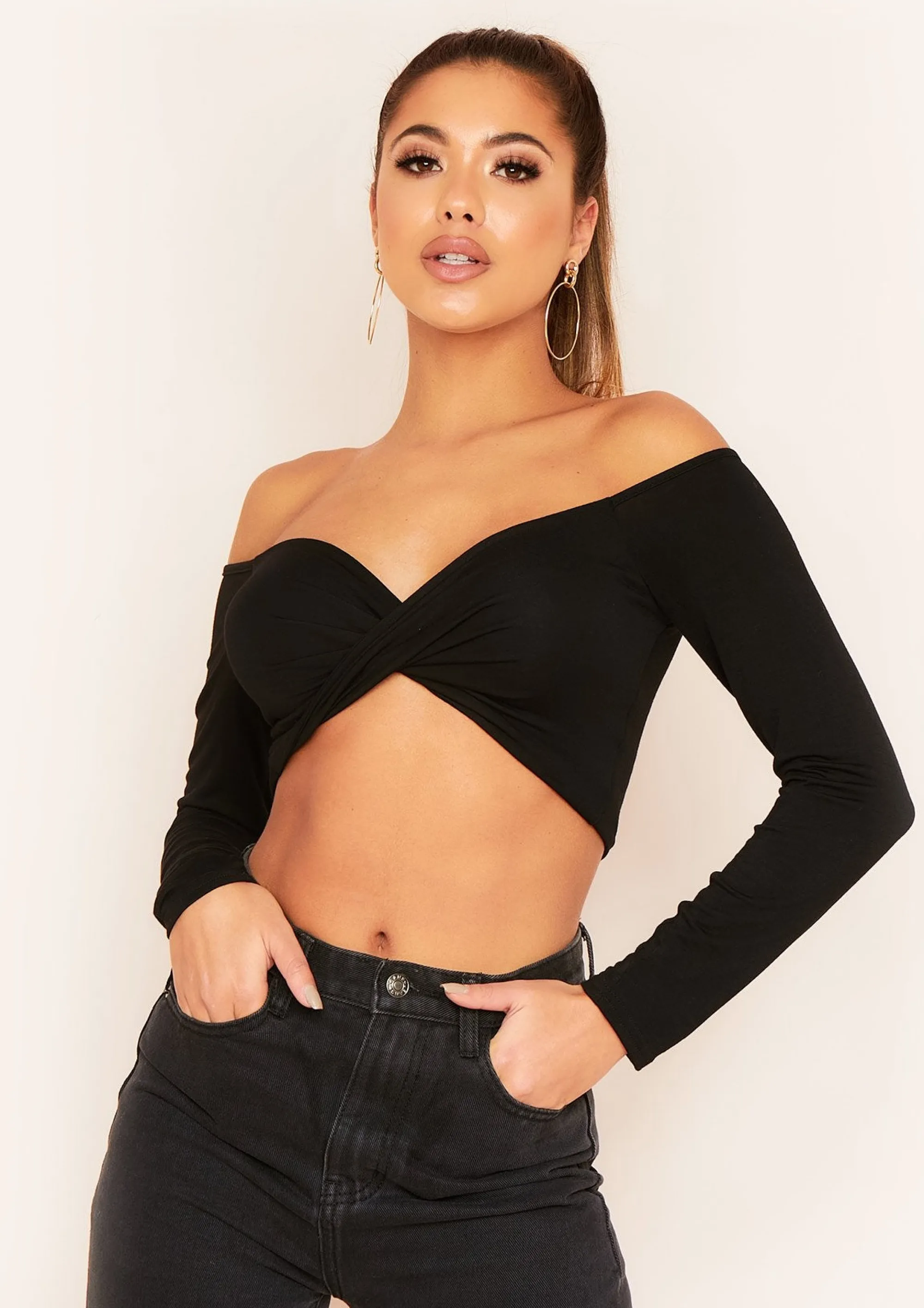 Missy Empire Socorro Black Twist Front Bardot Long Sleeve Crop Top Sale