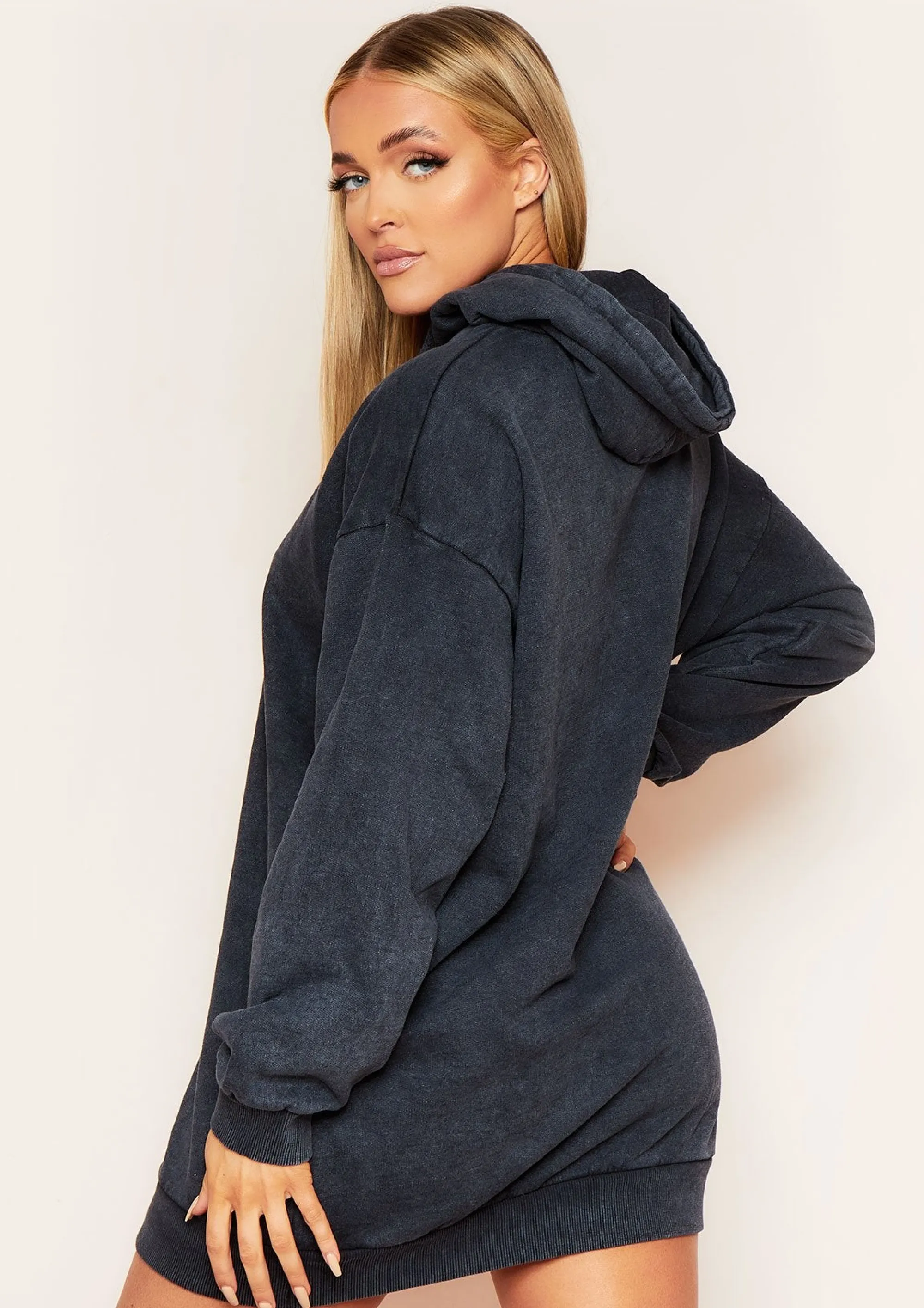 Missy Empire Sofia Charcoal Acid Wash Oversized Hoodie Dress^Women Loungewear