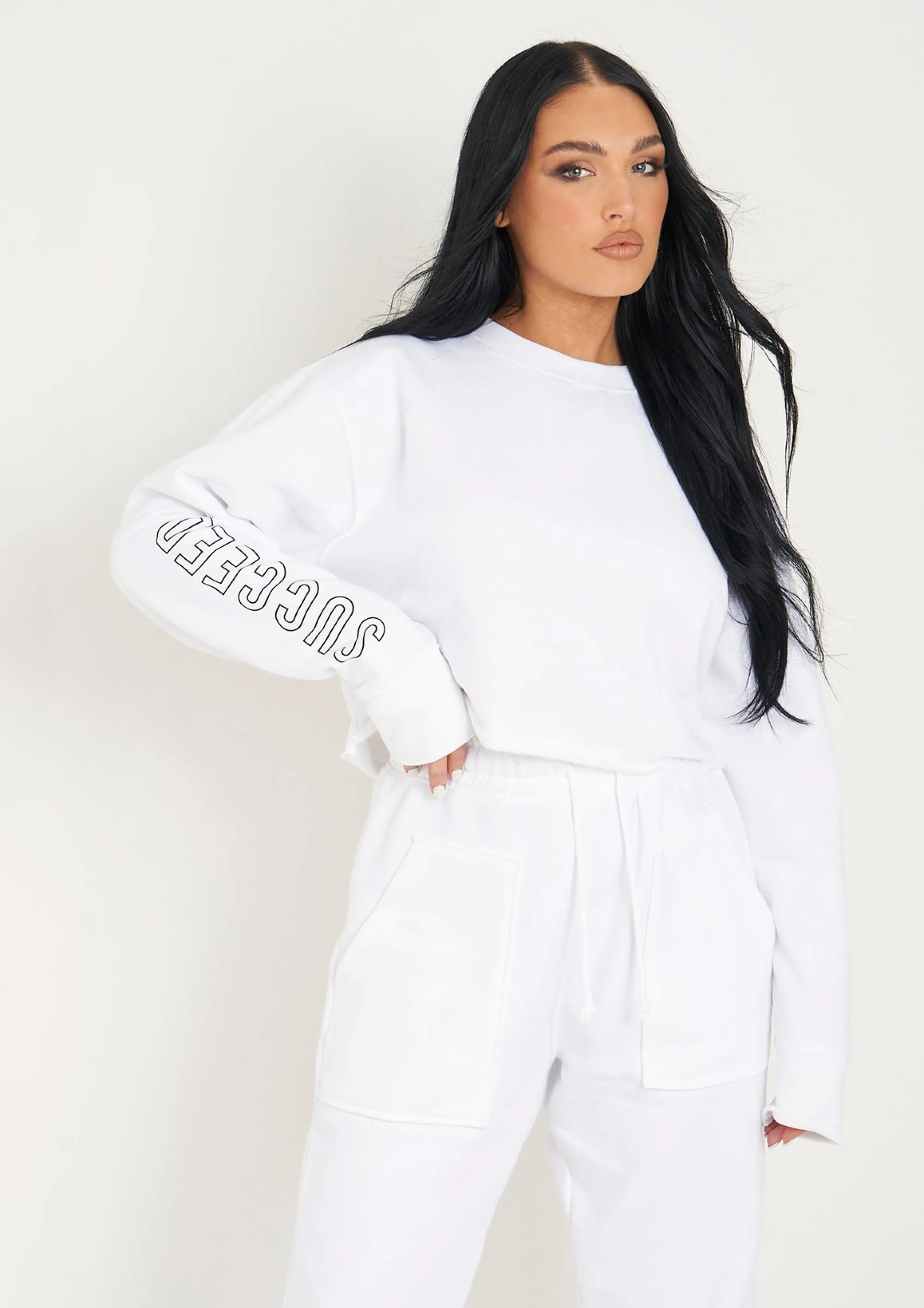 Missy Empire Sofia White Black Succeed Slogan Cropped Sweatshirt^Women Tracksuits