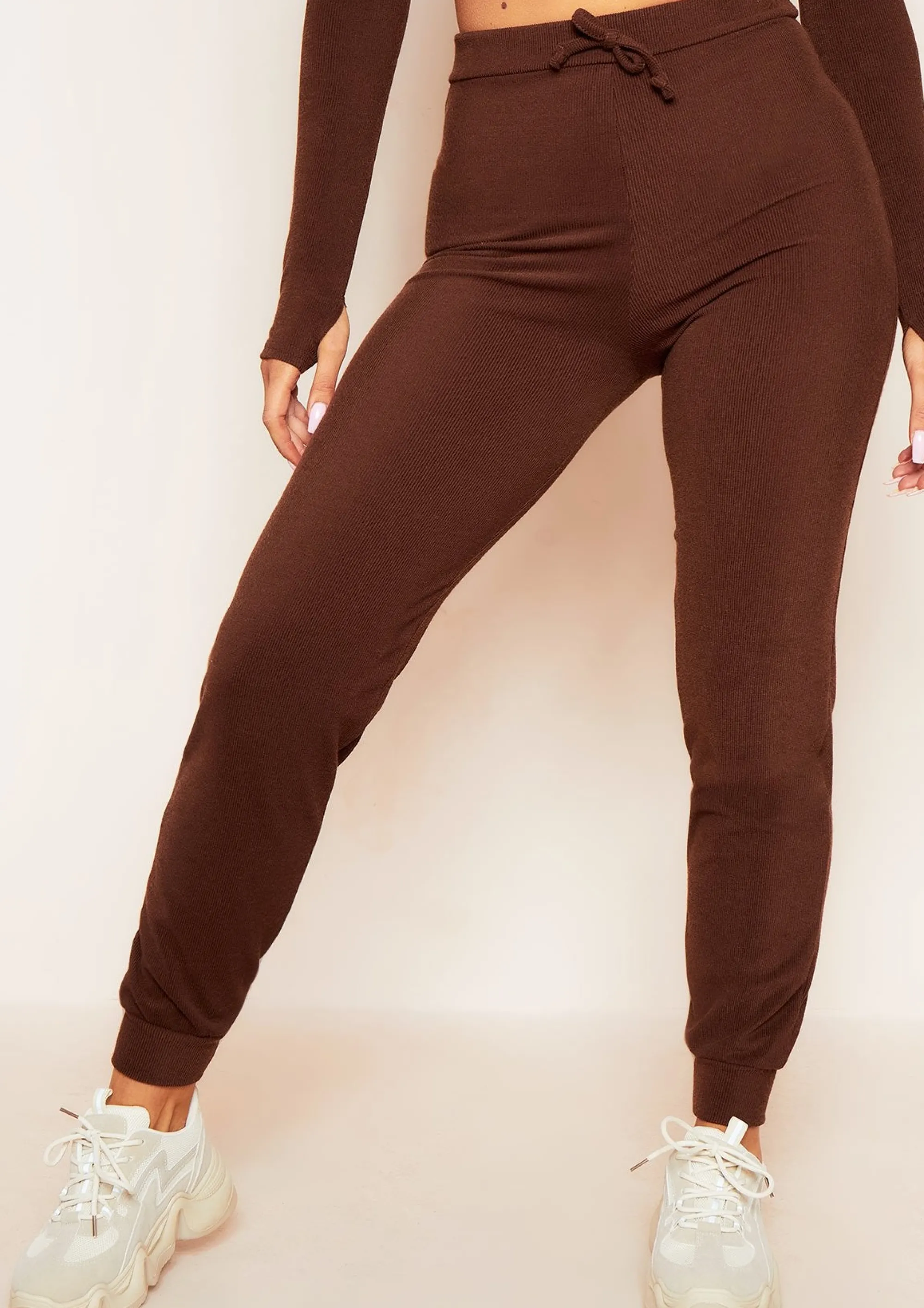 Missy Empire Sophie Chocolate Soft Ribbed Drawstring Joggers^Women Loungewear