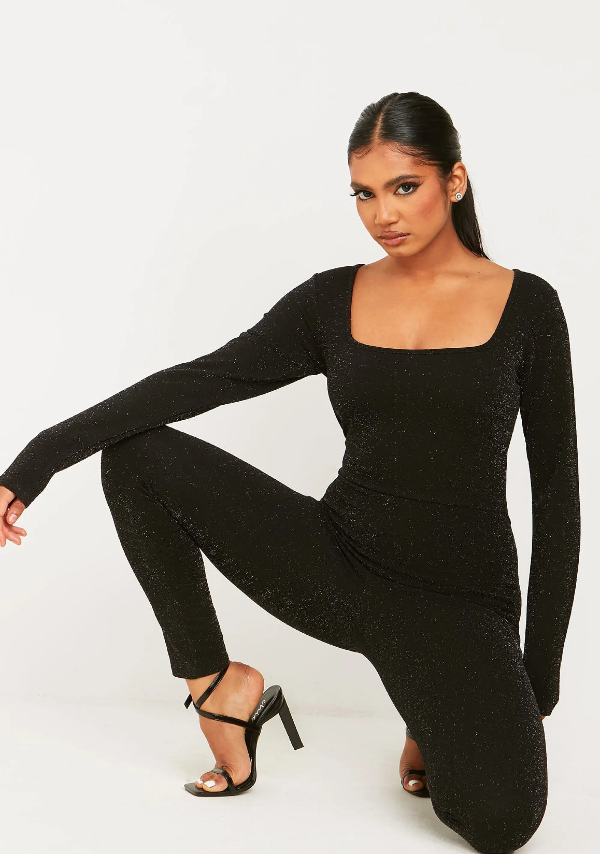 Missy Empire Stacey Black Glitter Square Neck Jumpsuit^Women Jumpsuits & Playsuits