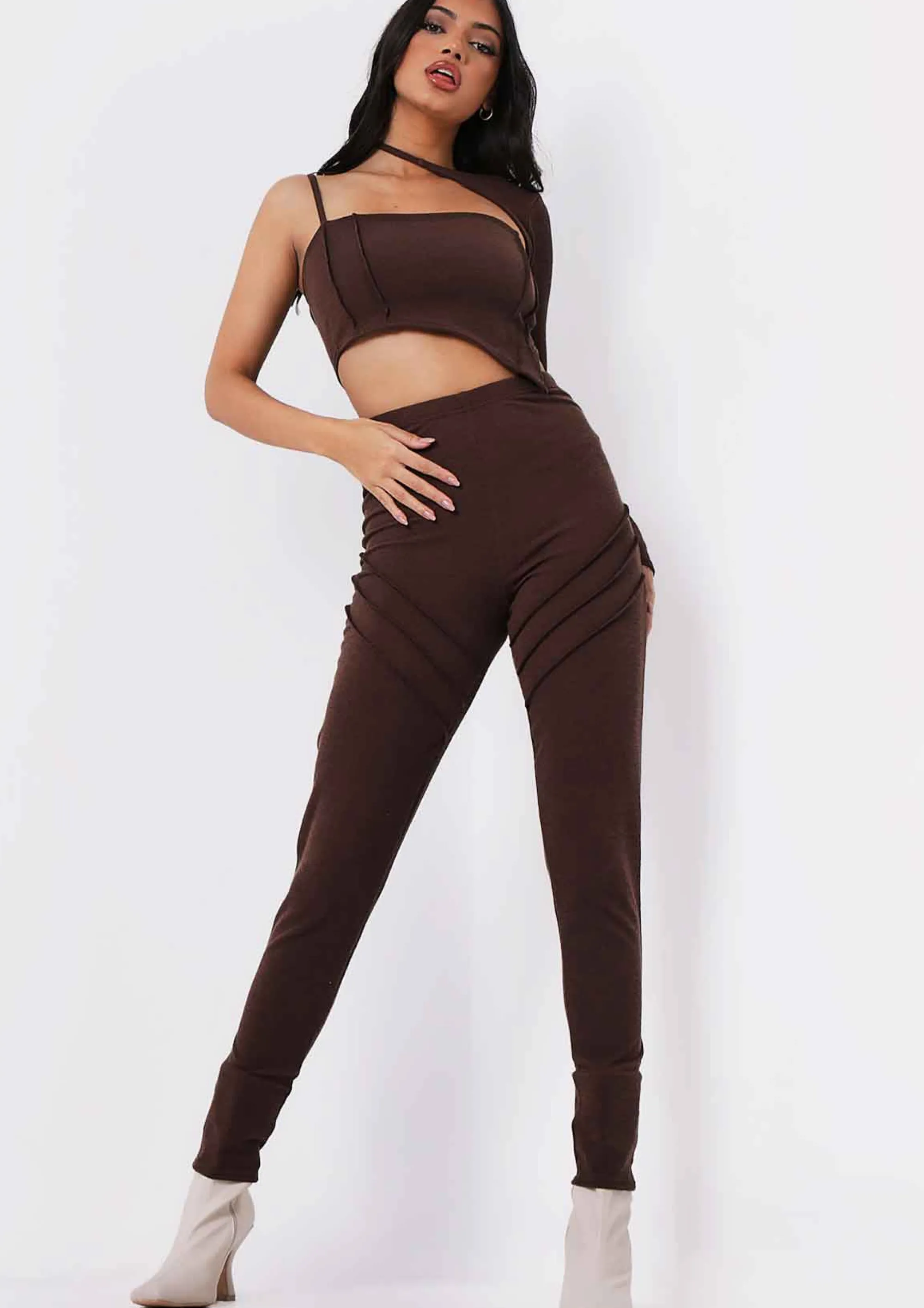 Missy Empire Syd Chocolate Ribbed Panel Leggings^Women Loungewear