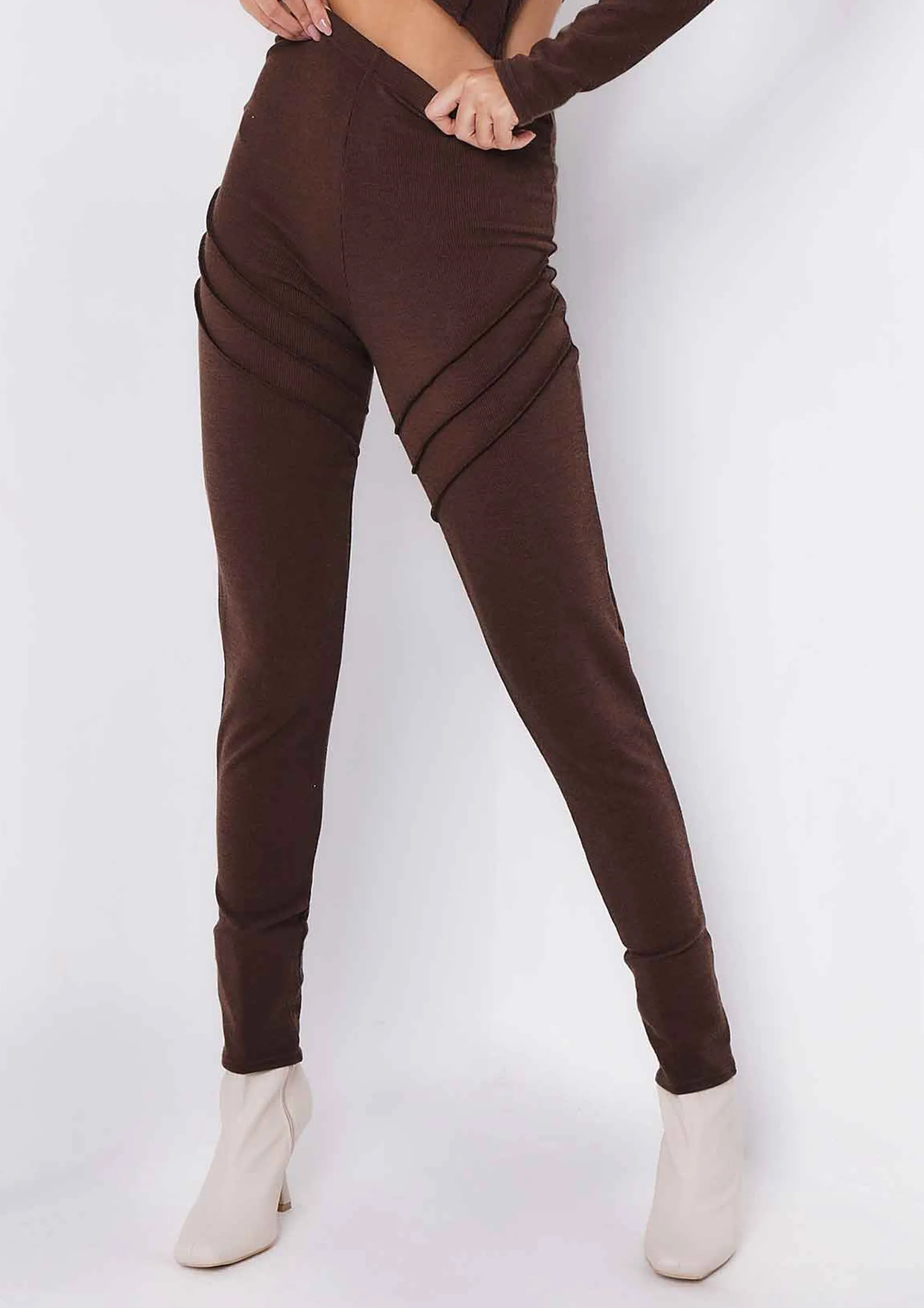 Missy Empire Syd Chocolate Ribbed Panel Leggings^Women Loungewear