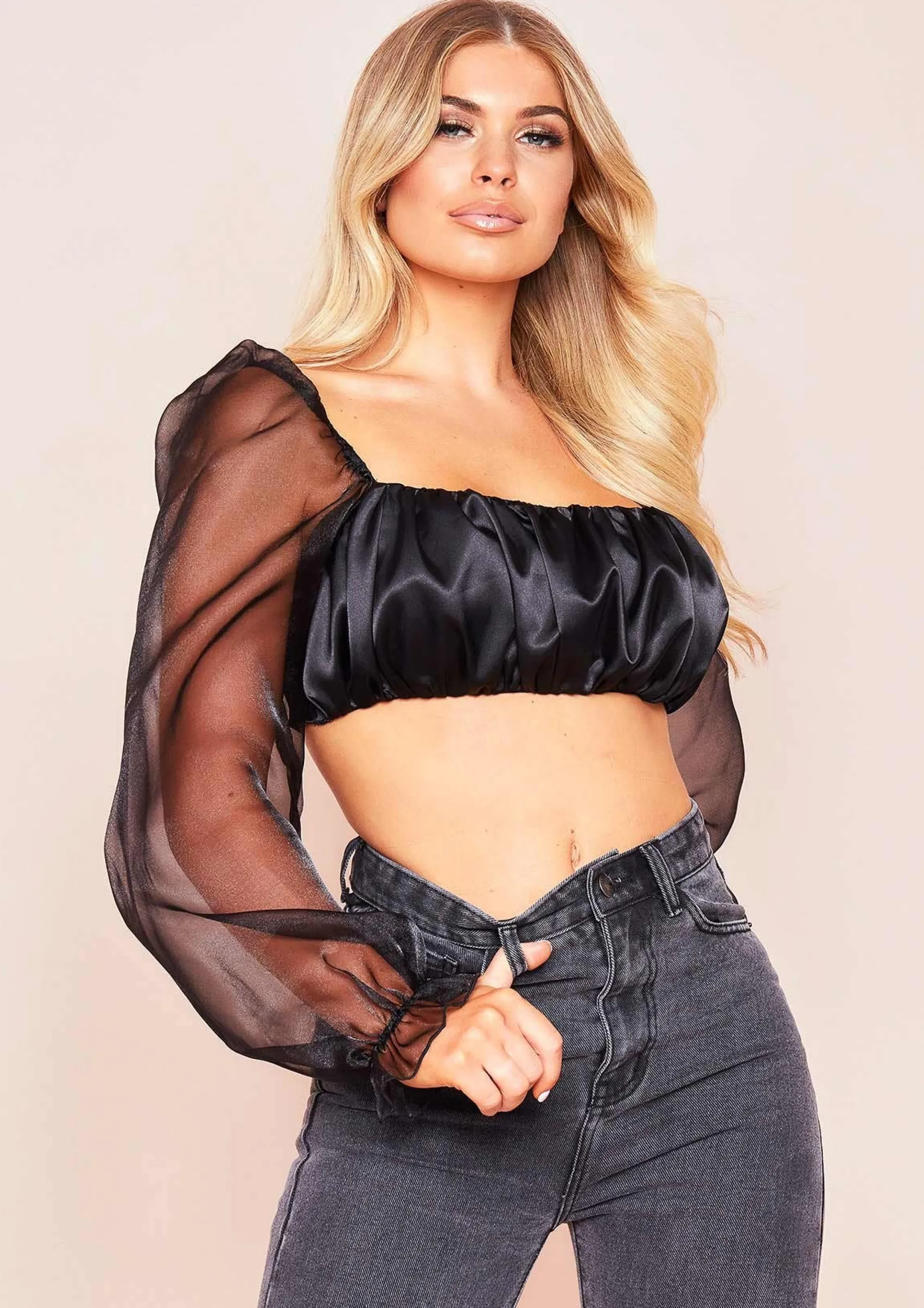 Missy Empire Syrah Black Satin Mesh Puff Sleeve Crop Top Shop