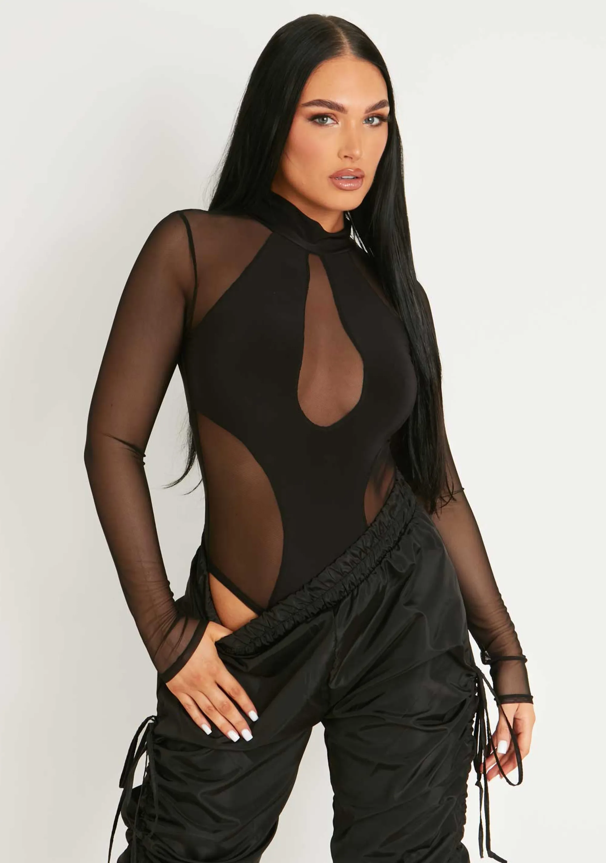 Missy Empire Tabitha Black Mesh Panel Bodysuit Fashion