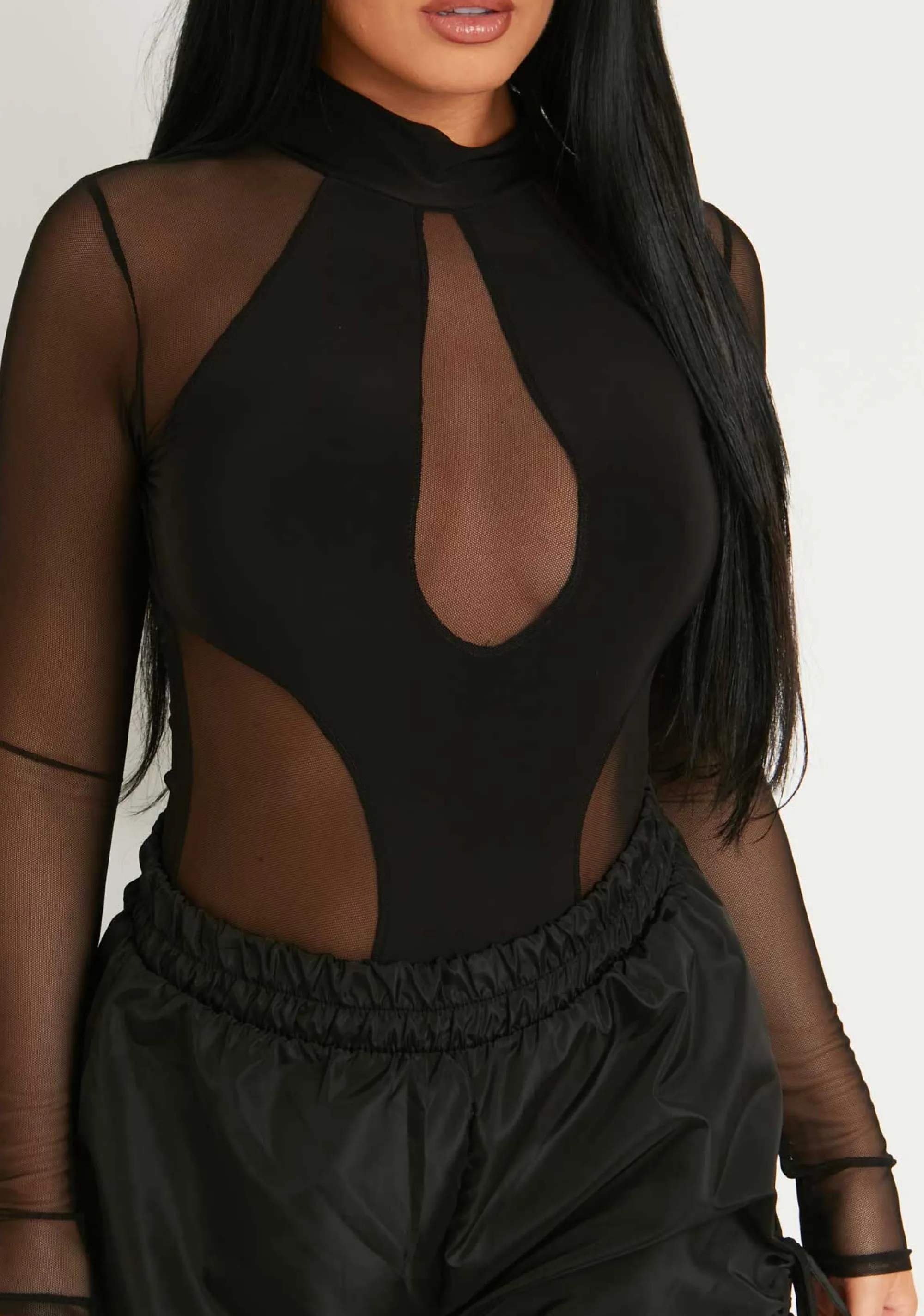 Missy Empire Tabitha Black Mesh Panel Bodysuit Fashion