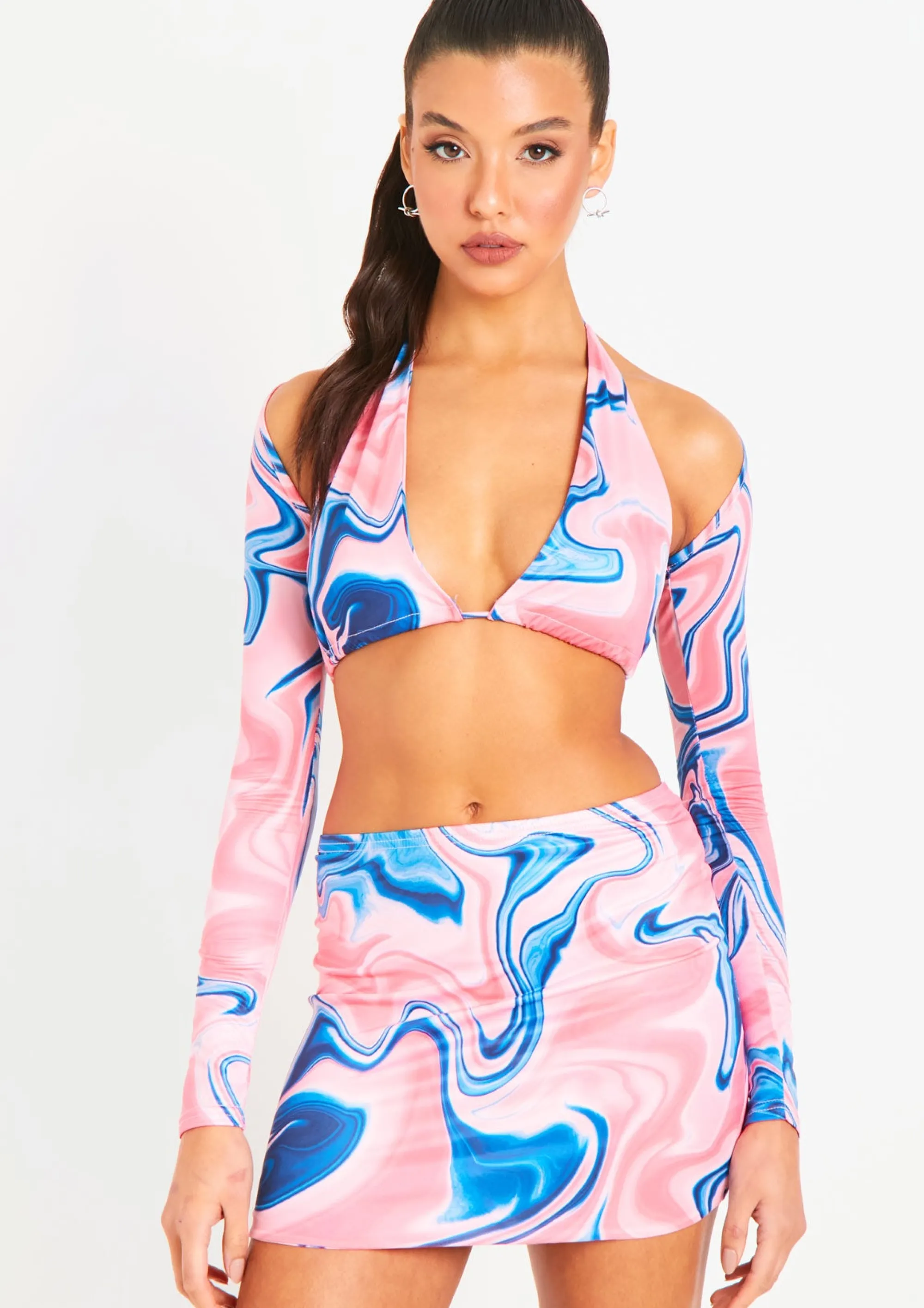 Missy Empire Taliyah Pink Swirl Printed Bikini Top With Matching Bolero Flash Sale