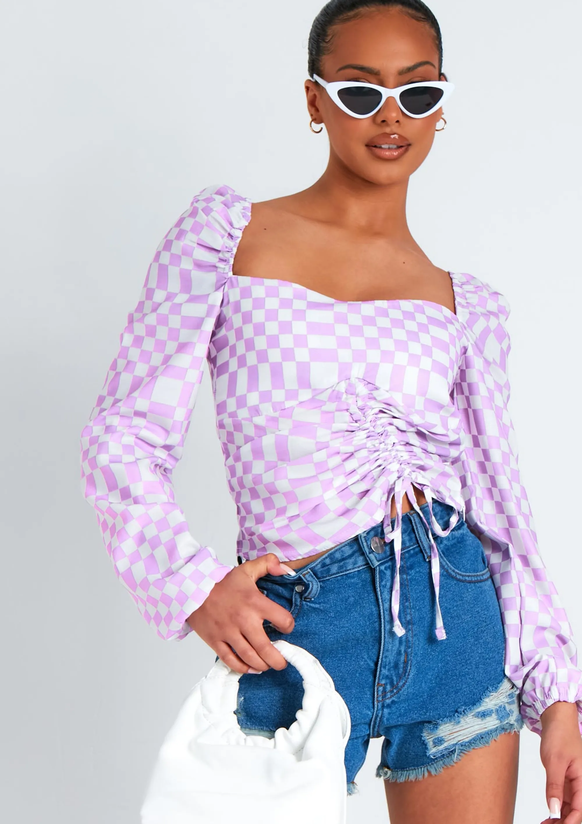 Missy Empire Tallulah Lilac Checkerboard Print Ruched Front Top Online