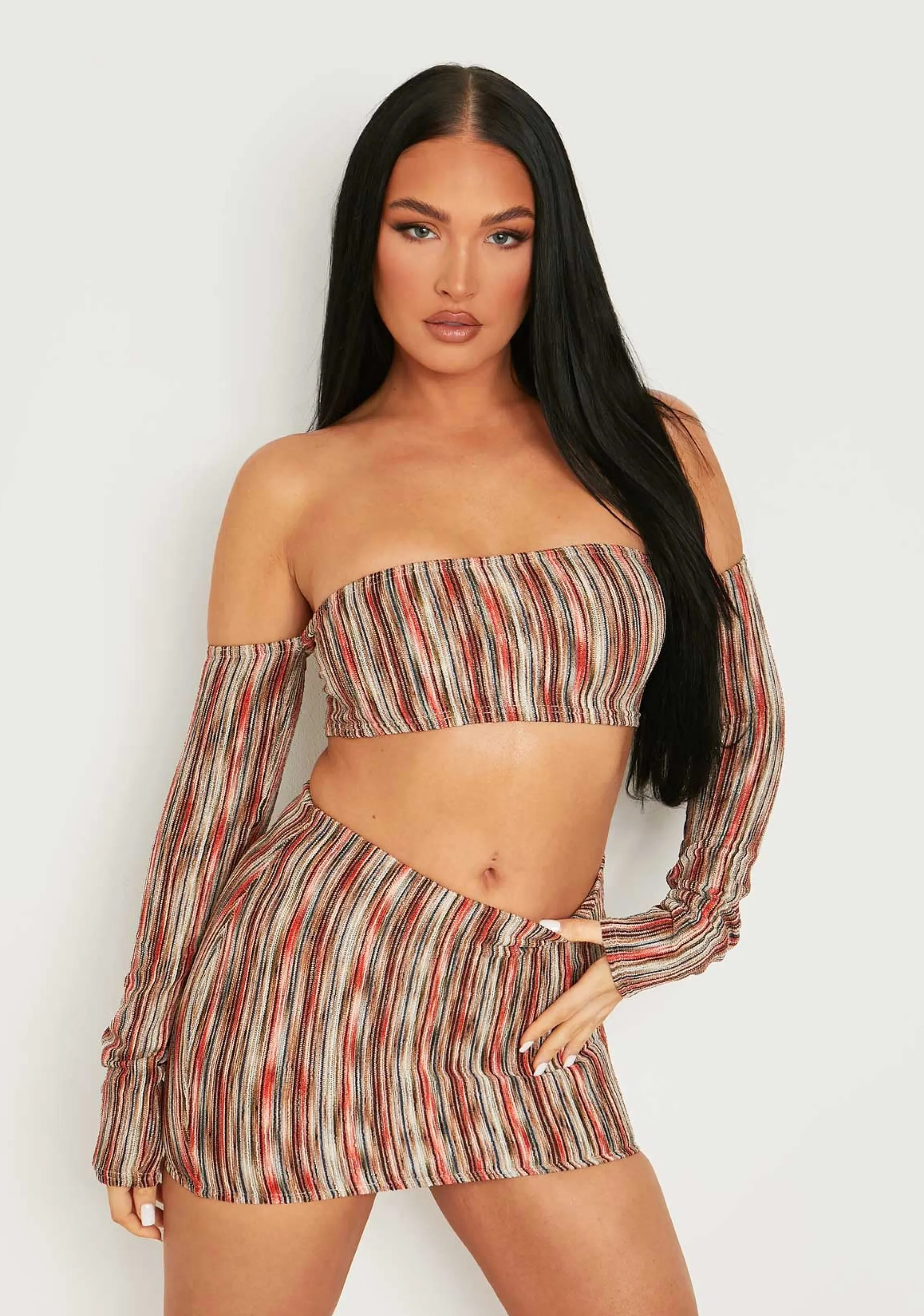 Missy Empire Talulla Multi Stripe Cold Shoulder Bandeau Crop Top Clearance