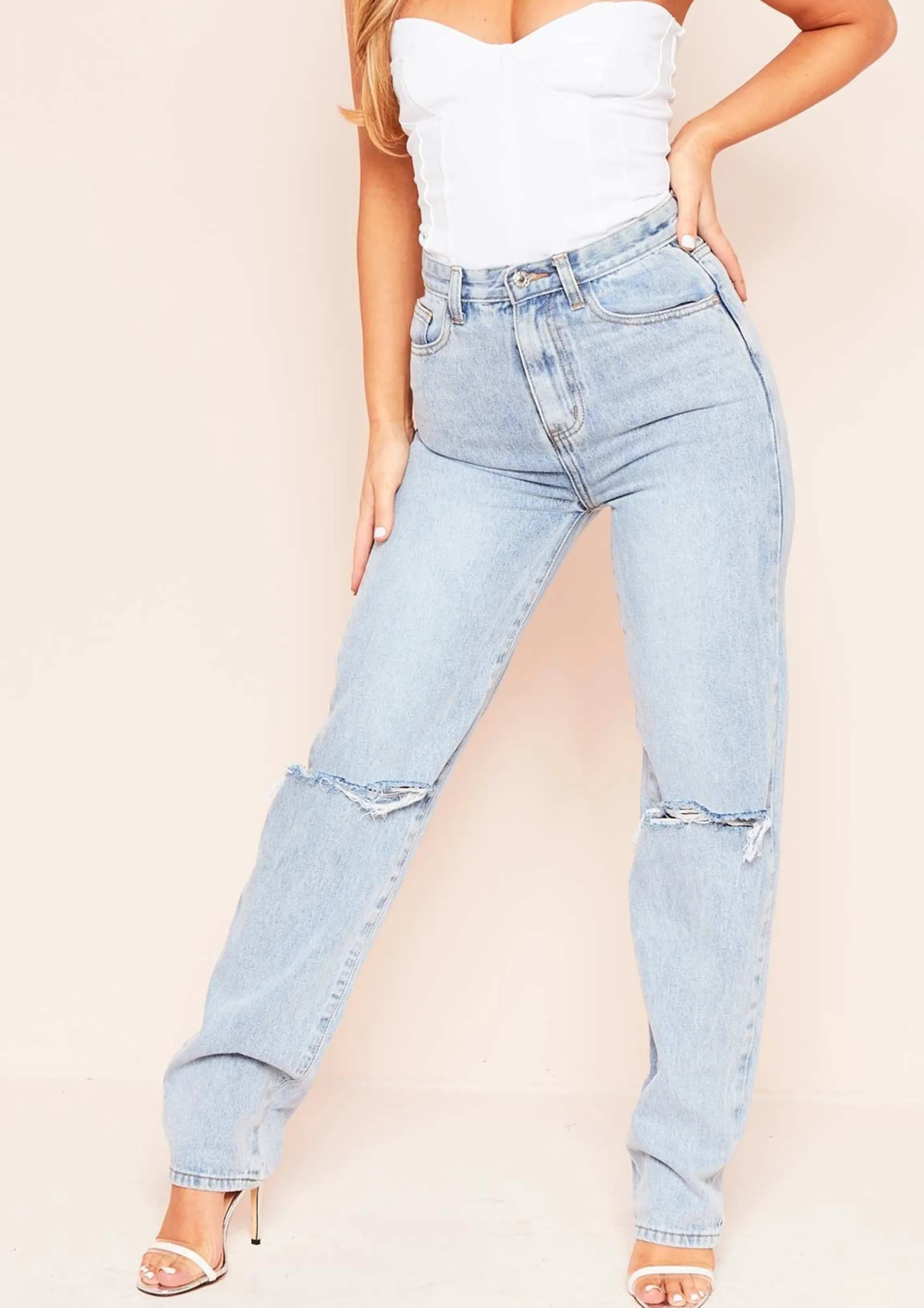 Missy Empire Tamia Denim Mid Wash Extra Long Straight Leg Ripped Jeans Online