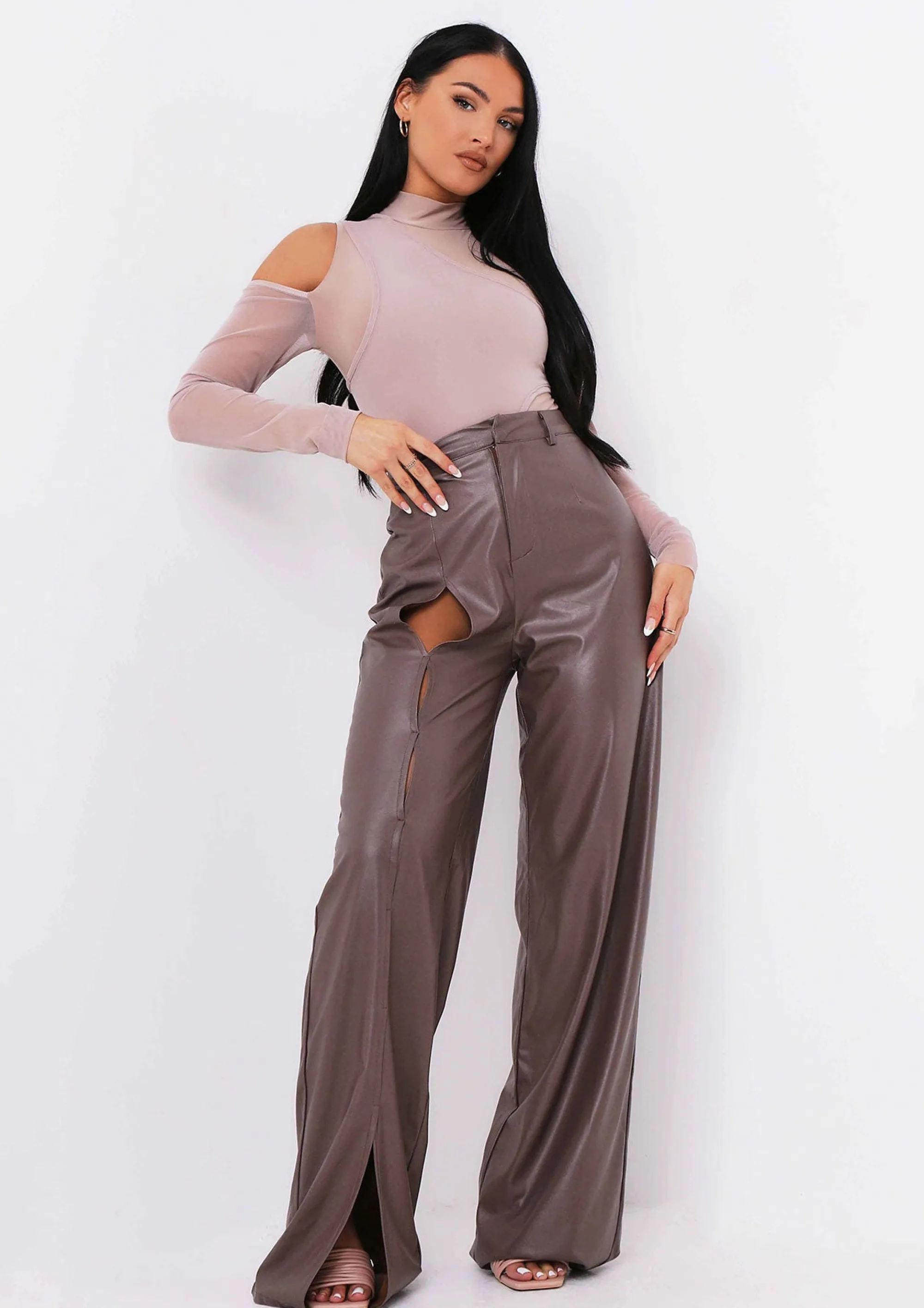 Missy Empire Tamika Chocolate Keyhole Cut Out High Waisted Pu Trousers^Women Trousers