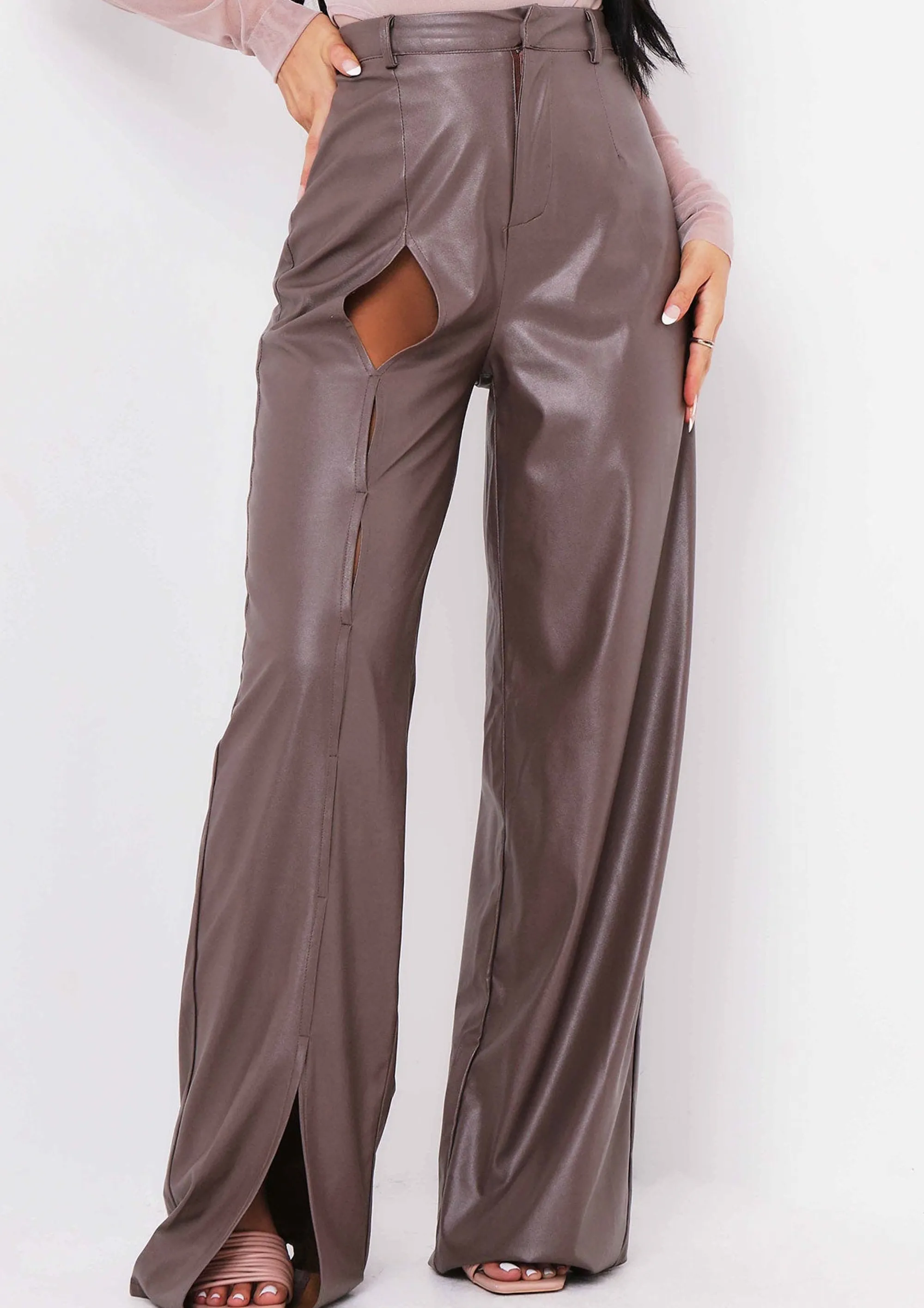 Missy Empire Tamika Chocolate Keyhole Cut Out High Waisted Pu Trousers^Women Trousers